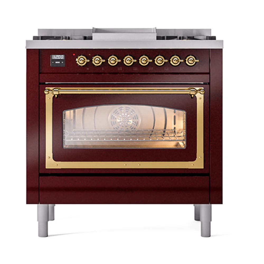 ILVE Nostalgie II Noblesse 36-Inch Dual Fuel Range and Triple Glass Door in Burgundy with Brass Trim (UN36FNMPBUG)