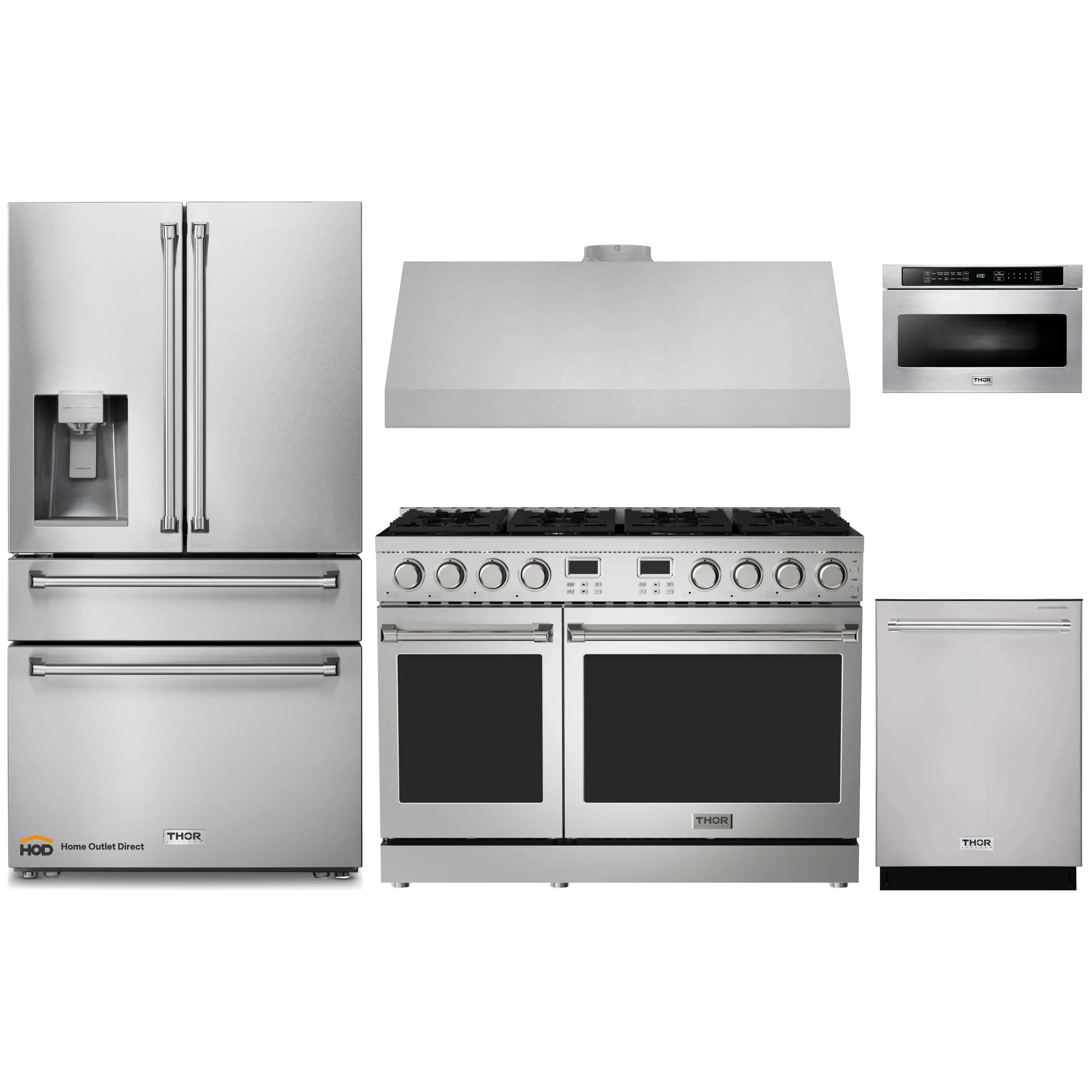 Thor Kitchen A-Series 5-Piece Appliance Package - 48-Inch Gas Range, Under Cabinet Range Hood, Refrigerator with Water Dispenser, Dishwasher, and Microwave in Stainless Steel
