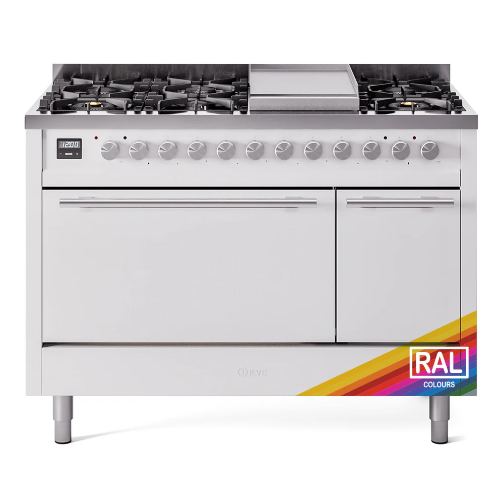ILVE 48-inch Professional Plus II Dual Fuel Range with 8 Burners, Griddle, and Solid Door Oven in RAL (UP48FQMPRA)