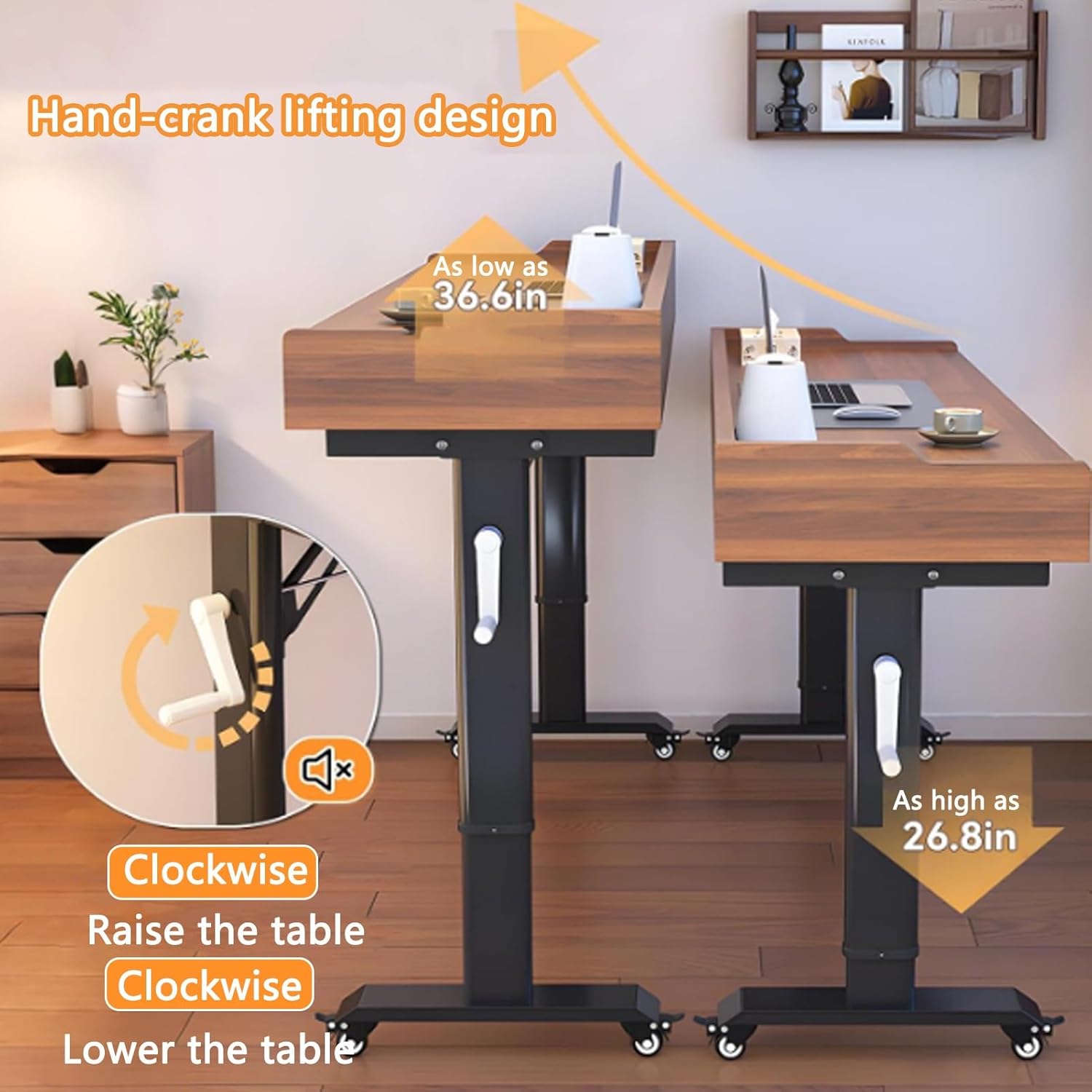 Adjustable Height Overbed Table with Wheels and Hand Crank, Mobile Laptop Cart with Large Capacity Storage, Over Bed Desk Fits Twin/Full/Queen/King Beds(Brown+White,240cm/94.4in)