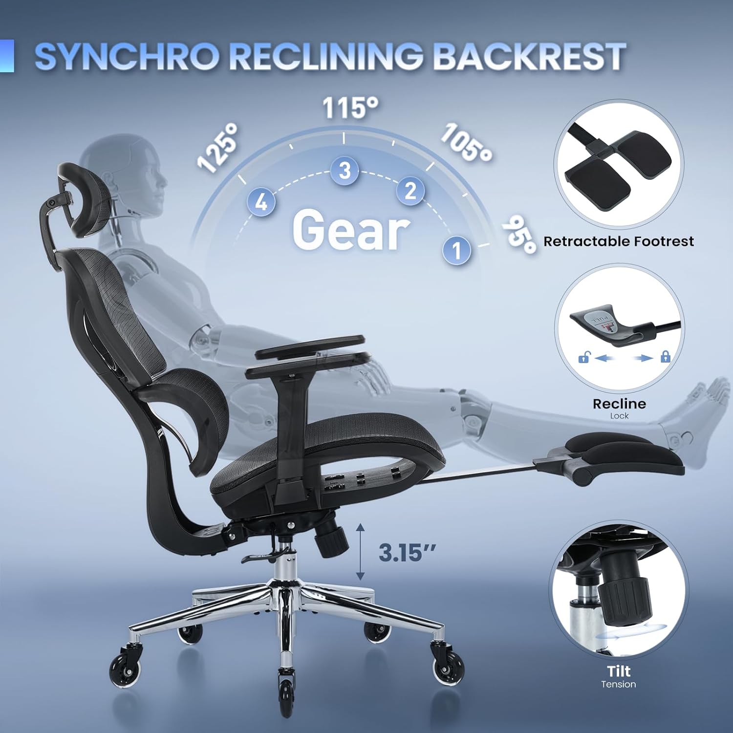 Ergonomic Office Chair with Footrest, Mesh Home Office Computer Chair with Adjustable Headrest and 3D Arms, Backrest Height, Tilt Lock and Lumbar Support, 300LBS