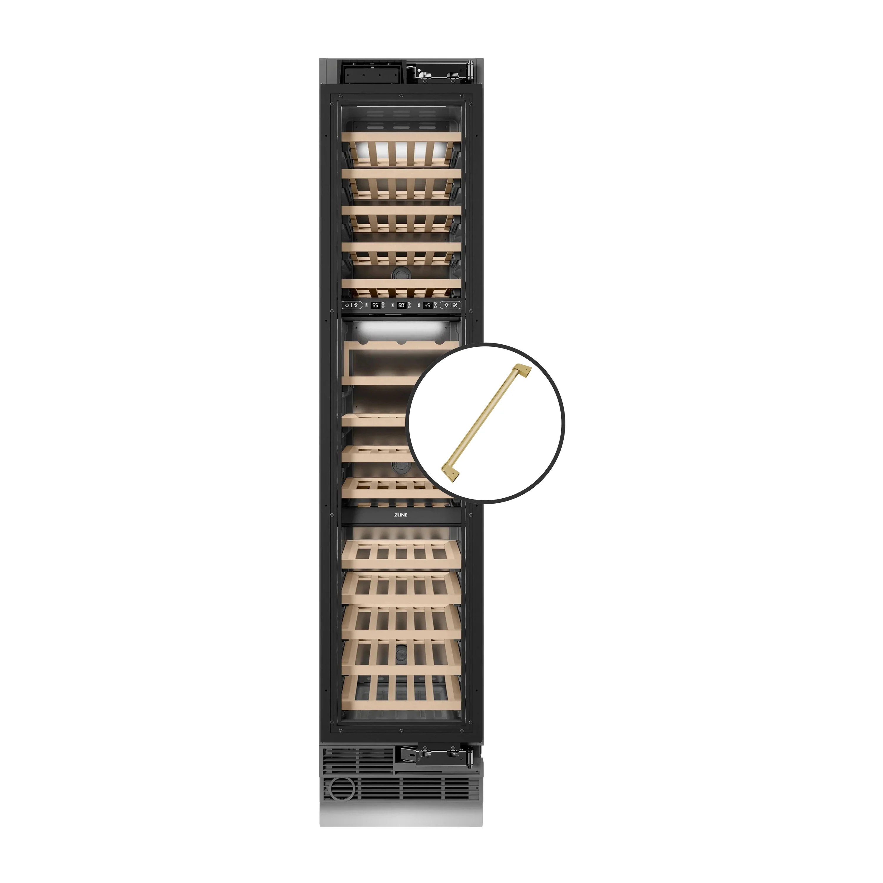 ZLINE Autograph Edition 18-Inch 9.0 Cu. Ft. Triple Zone 68 Bottle Panel Ready Right Hinge Column Wine Cooler with Champagne Bronze Accents (RBCWVRZ-18-CB)