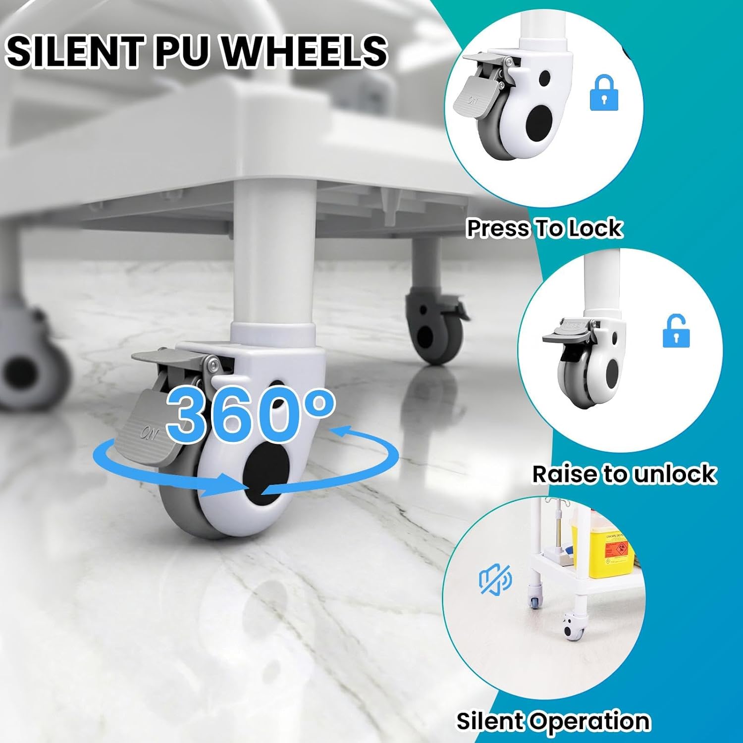38.35 x 24.80 x 17.32 Medical Utility Cart, 3-Tier Medical Mobile Cart with 3 Trash Cans, Medical Trolley Cart with 2 Drawers, Mobile Medical Cart Suitable for Home, Barber Shop, Hospital.