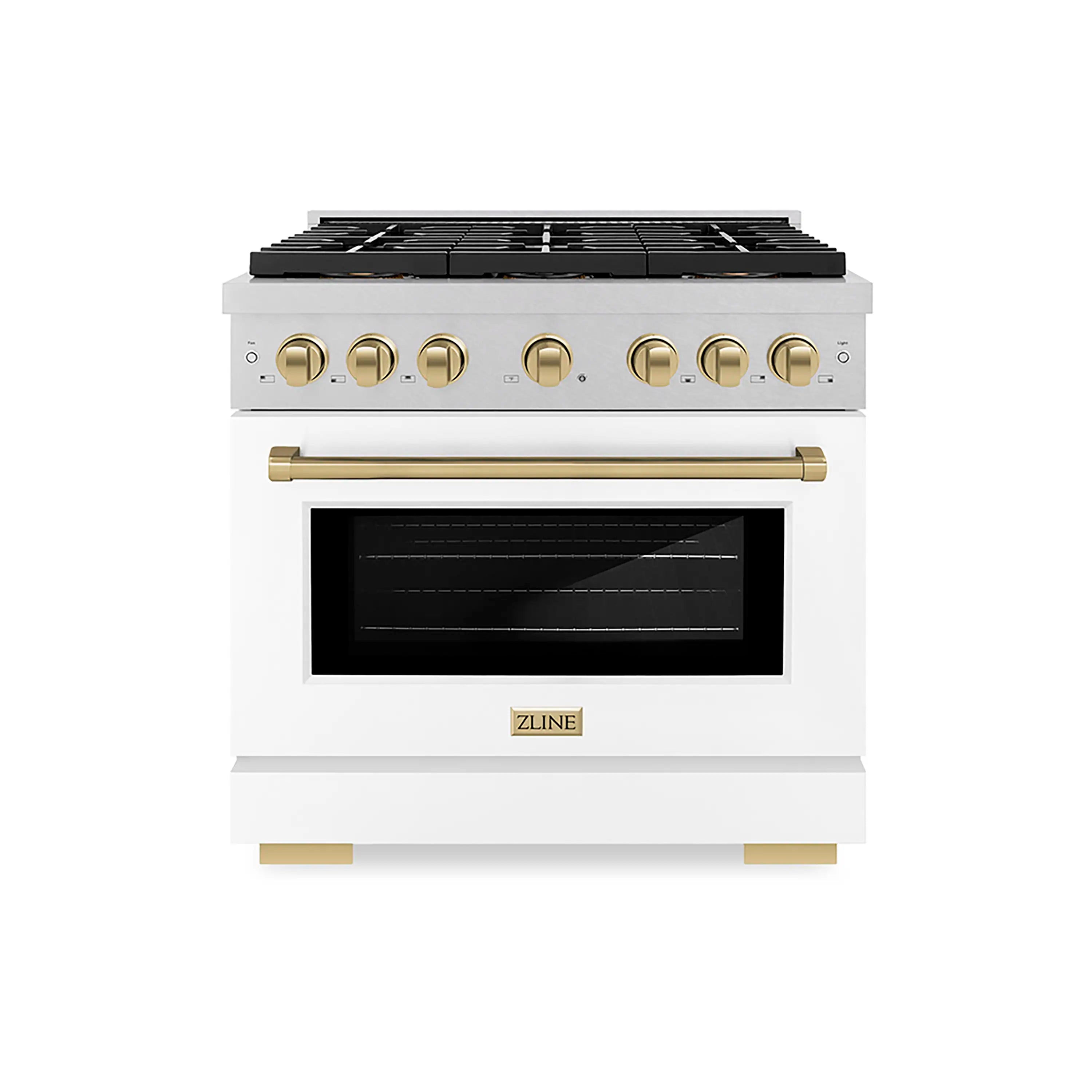 ZLINE Autograph Edition 36-Inch 5.2 cu. ft. Paramount Dual Fuel Range with 6 Burner DuoPro鈩?Cooktop and Electric Convection Oven in Satin Stainless Steel with White Matte Door and Champagne Bronze Accents (PSDRSZ-WM-36-CB)