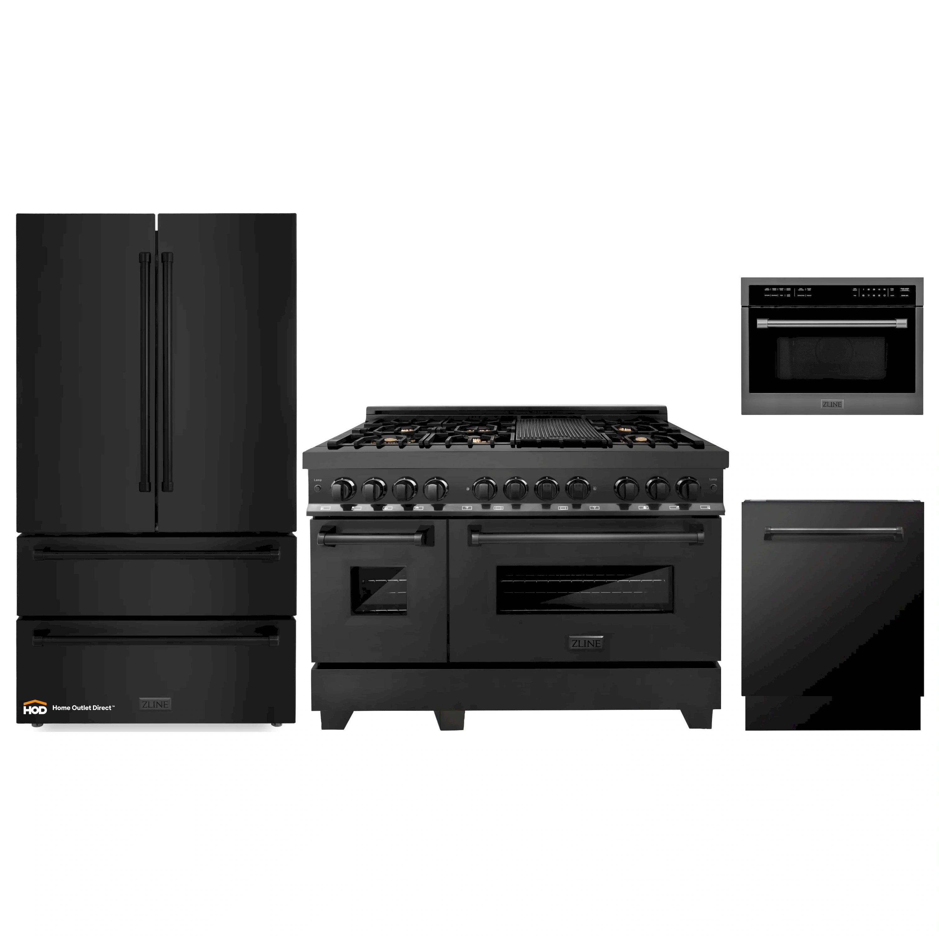 ZLINE 4-Piece Appliance Package - 48-Inch Dual Fuel Range with Brass Burners, Refrigerator, Microwave Oven, and 3-Rack Dishwasher in Black Stainless Steel