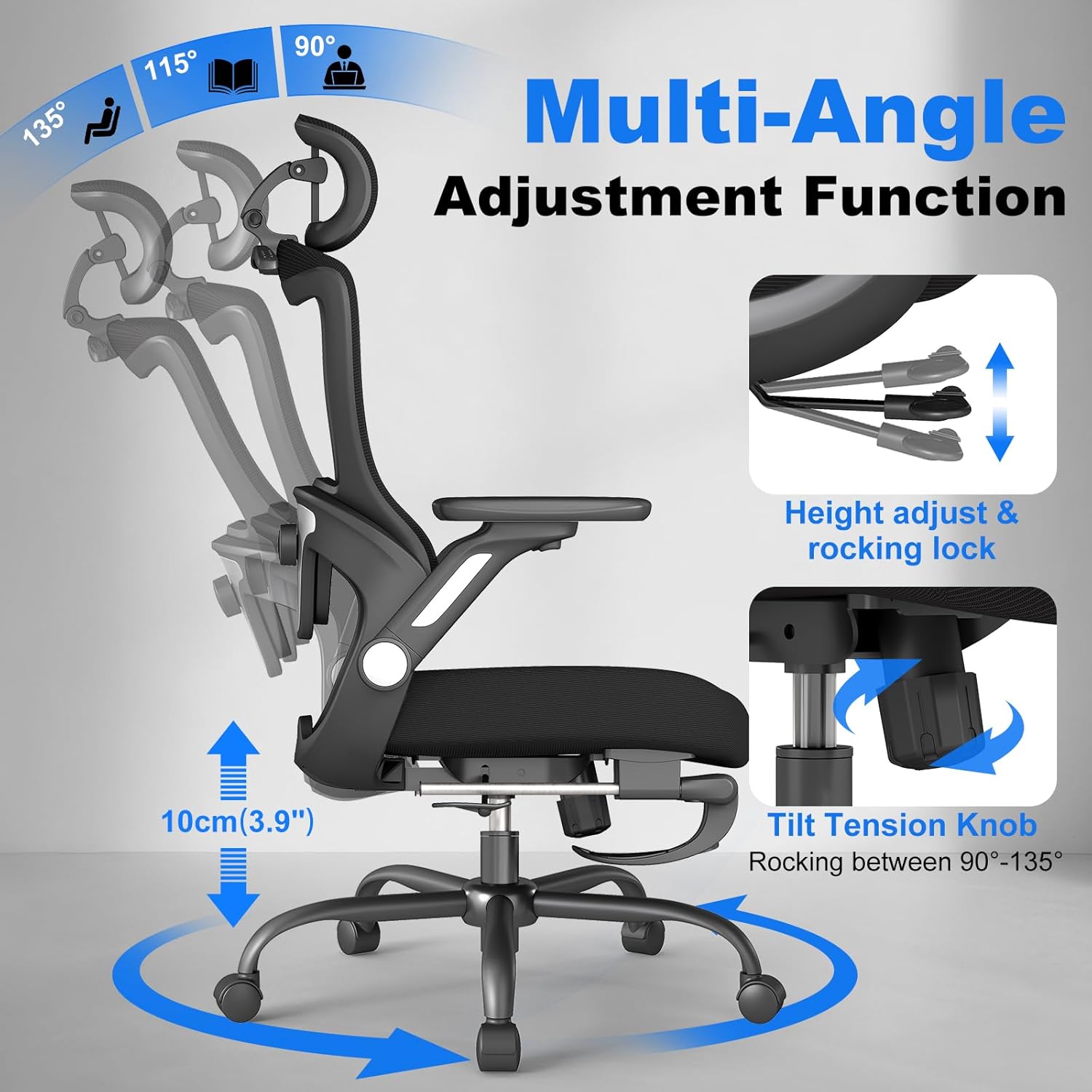 ZZH Ergonomic Office Chair with Footrest, High-Back Home Desk Chair with Adjustable Lumbar Support, Headrest, Flip-Up Arms, 90-135° Tilt Lock, and Wide Cushion, Big and Tall Mesh Computer Seating