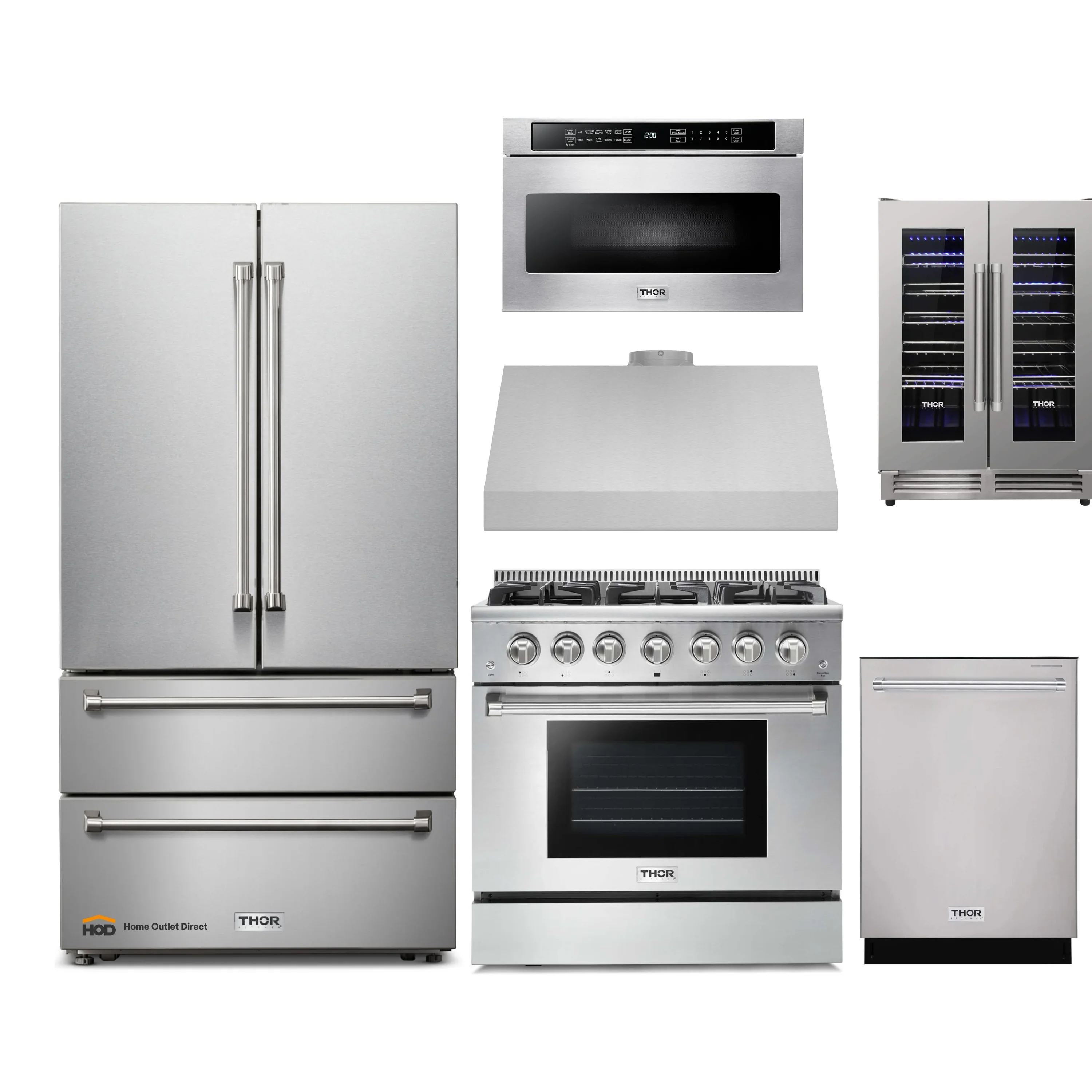 Thor Kitchen 6-Piece Pro Appliance Package - 36-Inch Gas Range, French Door Refrigerator, Under Cabinet Hood, Dishwasher, Microwave Drawer, & Wine Cooler in Stainless Steel