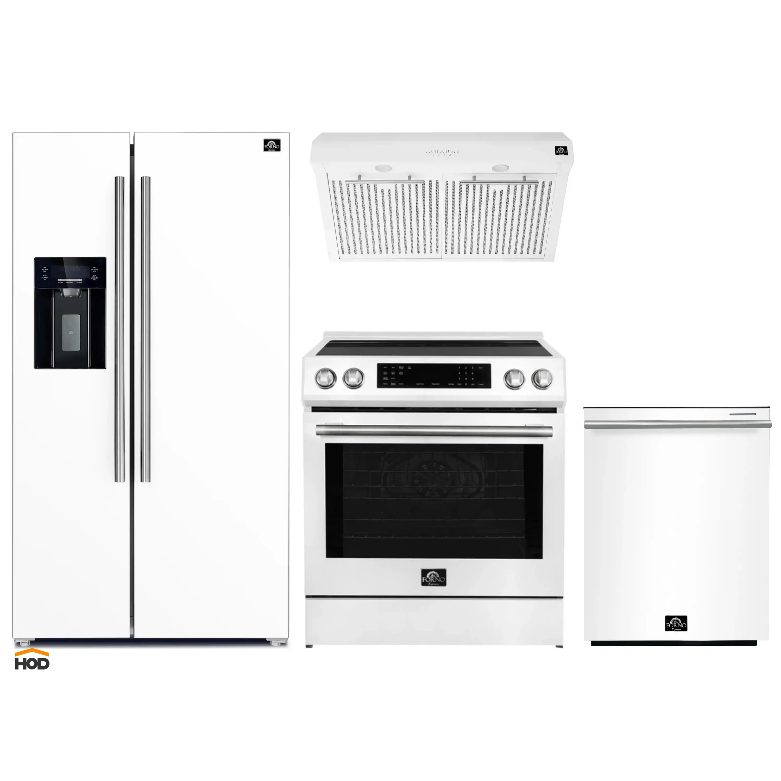 Forno 5-Piece Appliance Package - 30-Inch Induction Range, Under Cabinet Range Hood, Refrigerator with Water Dispenser, Dishwasher, and  30-Inch Microwave Drawer in White with Stainless Steel Trim