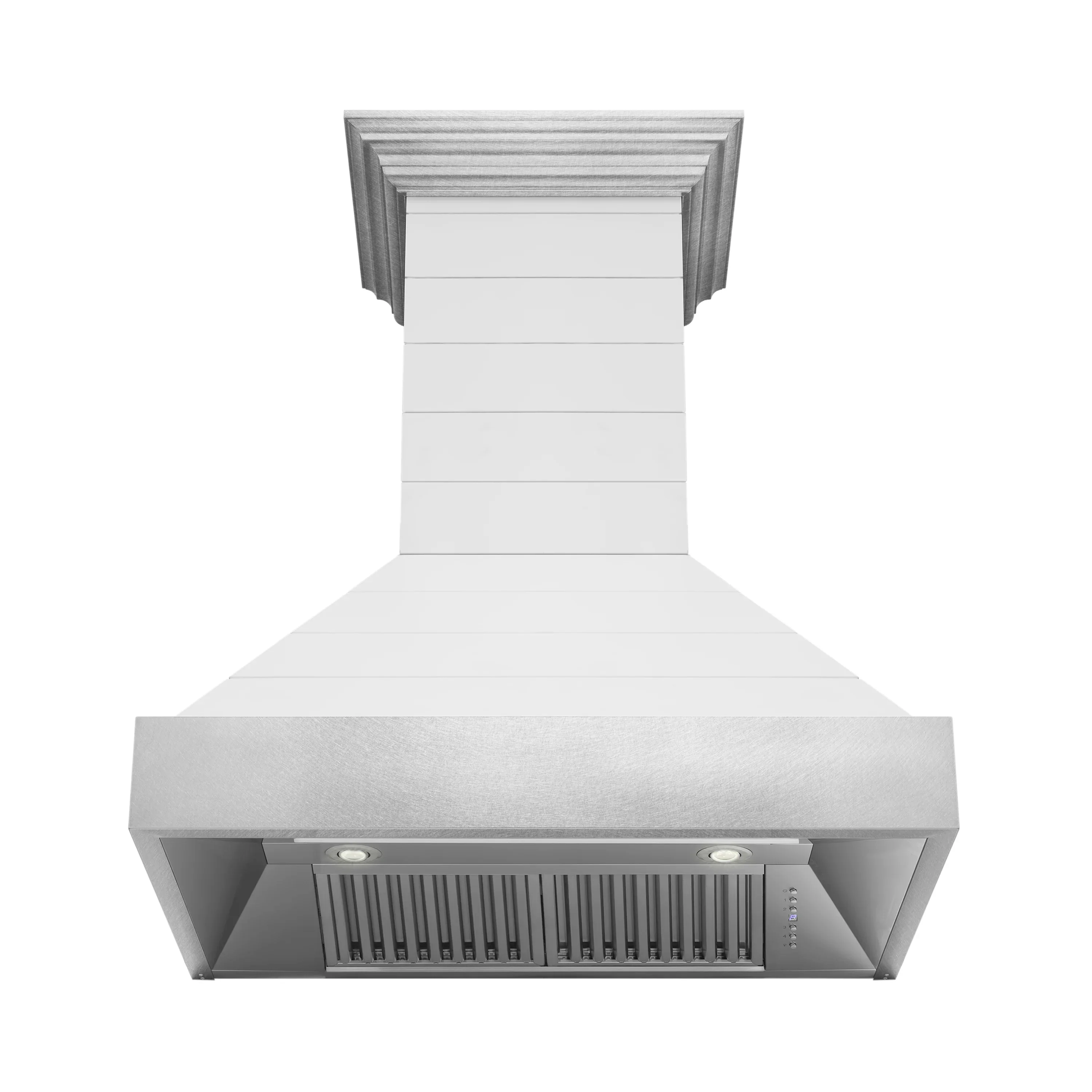 ZLINE 36-Inch Wooden Wall Mount Range Hood in Rustic Shiplap Bright White Finish with Stainless Steel Accents (365WW-36)