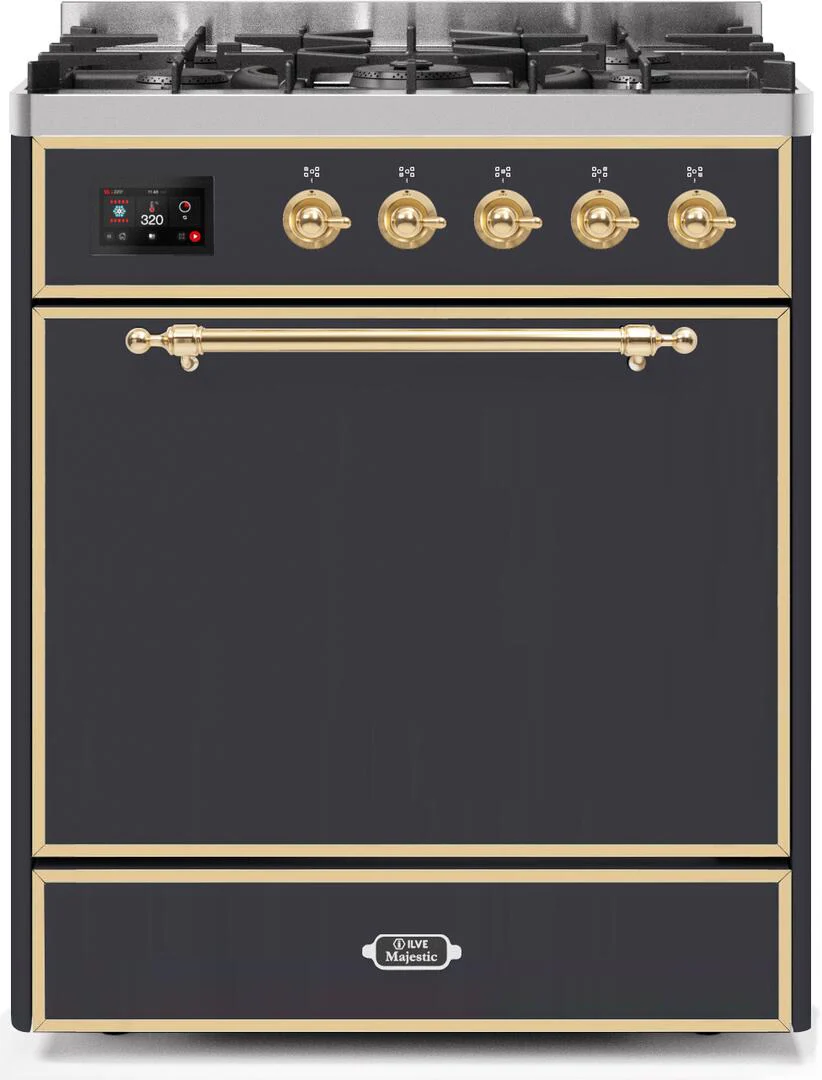 ILVE 30-Inch Majestic II Dual Fuel Range with 5 Burners - 4 cu. ft. Solid Door Oven in Matte Graphite with Brass Trim  (UM30DQNE3MGG)