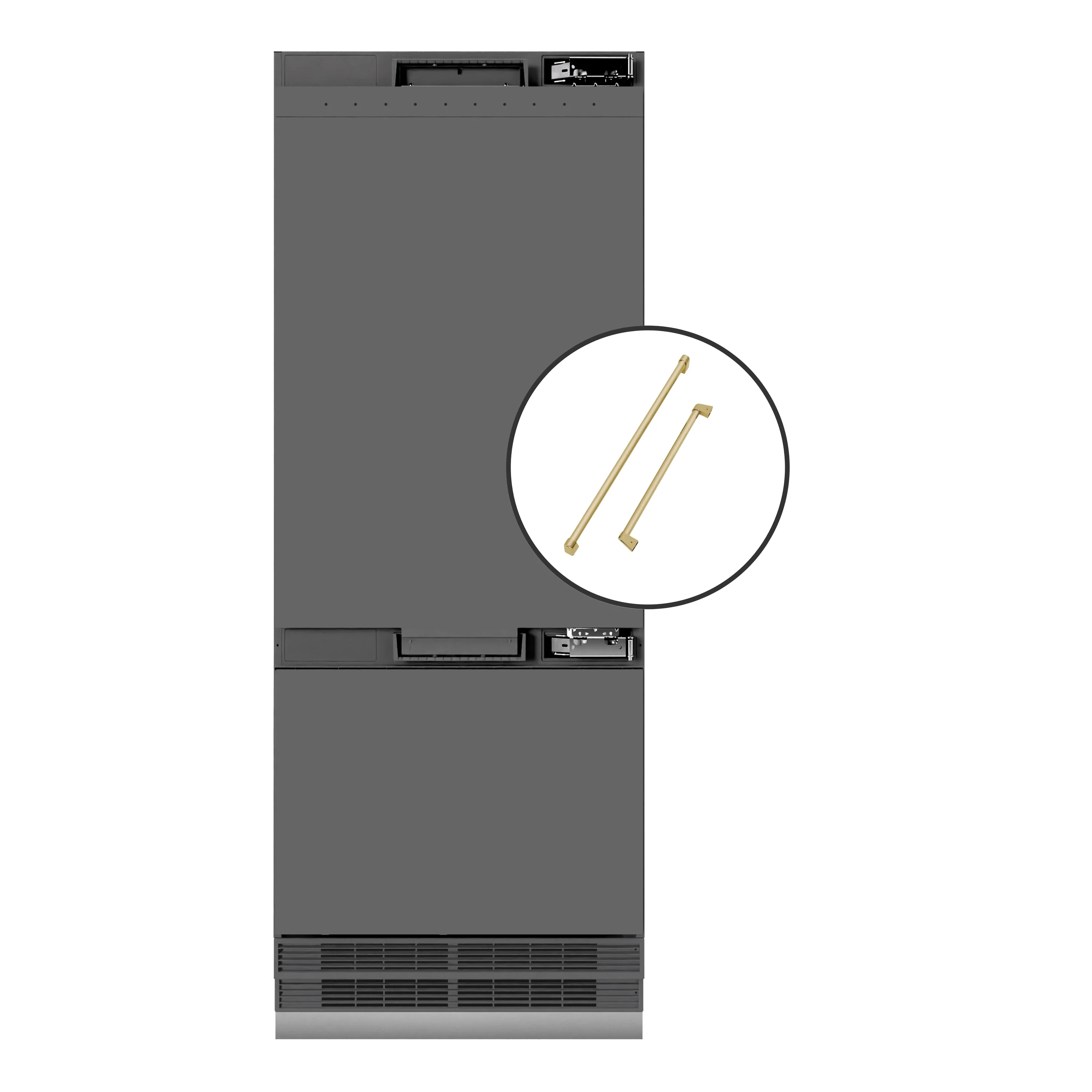 ZLINE Autograph Edition 30-Inch 16.1 Cu. Ft. Built-In Bottom Freezer Refrigerator with Water Dispenser and Ice Maker with Graphite Gray Interior in Panel Ready with Polished Gold Accents (GRBIVZ-30-G)