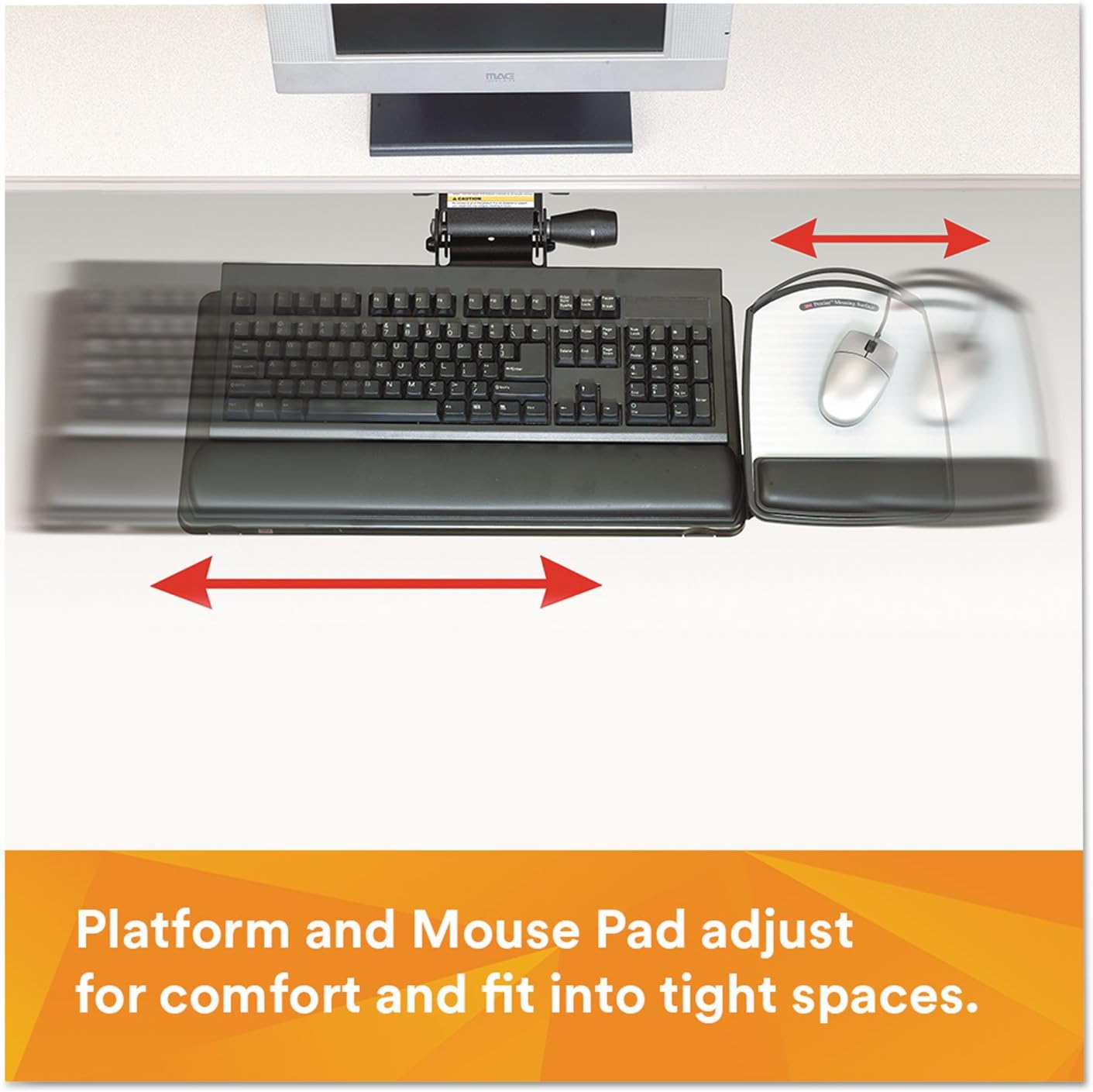 3M Keyboard Tray with Adjustable Keyboard and Mouse Platforms, Turn Knob to Adjust Height and Tilt, Swivels and Stores Under Desk, Gel Wrist Rest and Precise Mouse Pad, 17.75