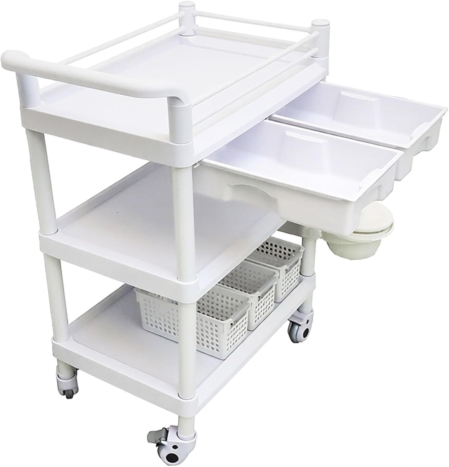 Trolley Cart with Wheels - ABS 110LBS Capacity, 3-Tier Salon Cart with Drawers/Top Guardrail, Three-Layer Trolley for Medical Supplies/Bathroom/Salon