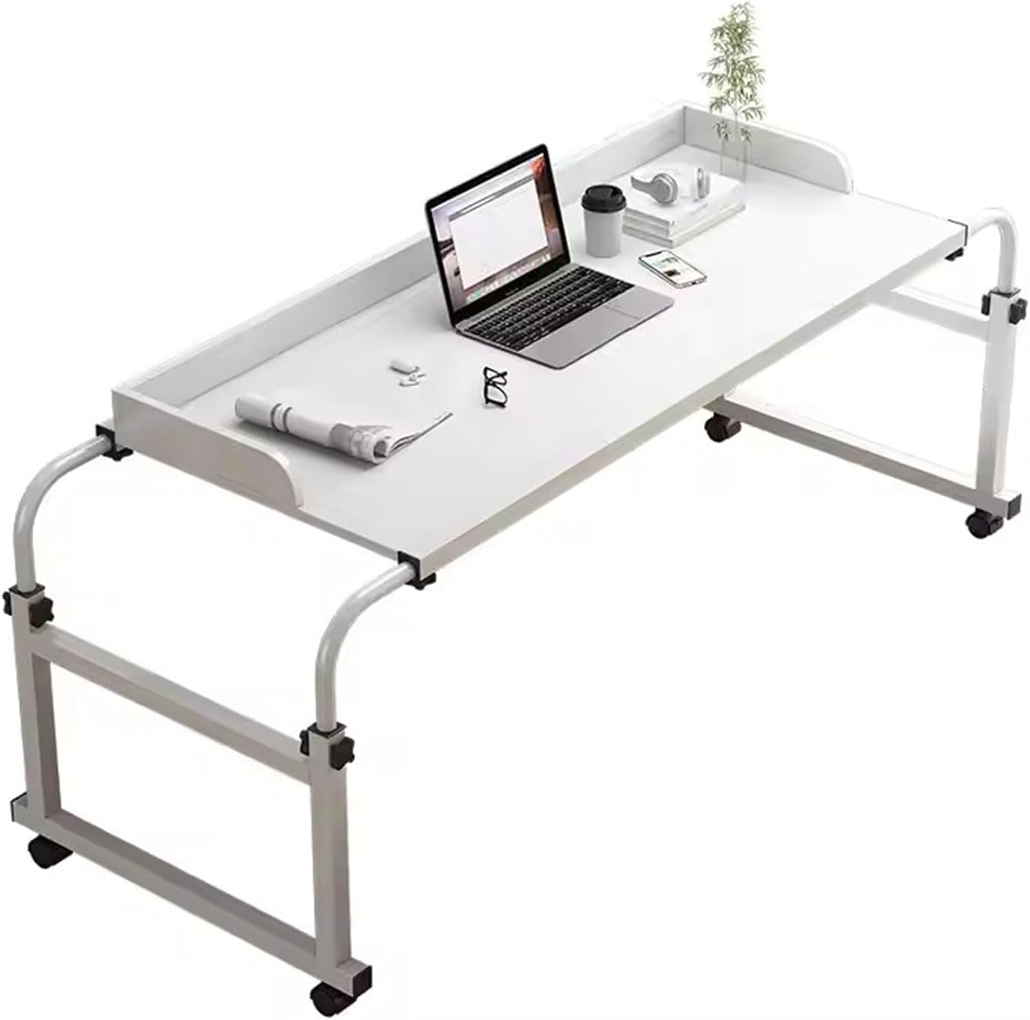 Overbed Table with Wheels, Height Adjustable Mobile Bed Desk, Standing Workstation Laptop Cart, Over The Bed Table for Home Office Bedroom Hospital,White with Baffle,120cm