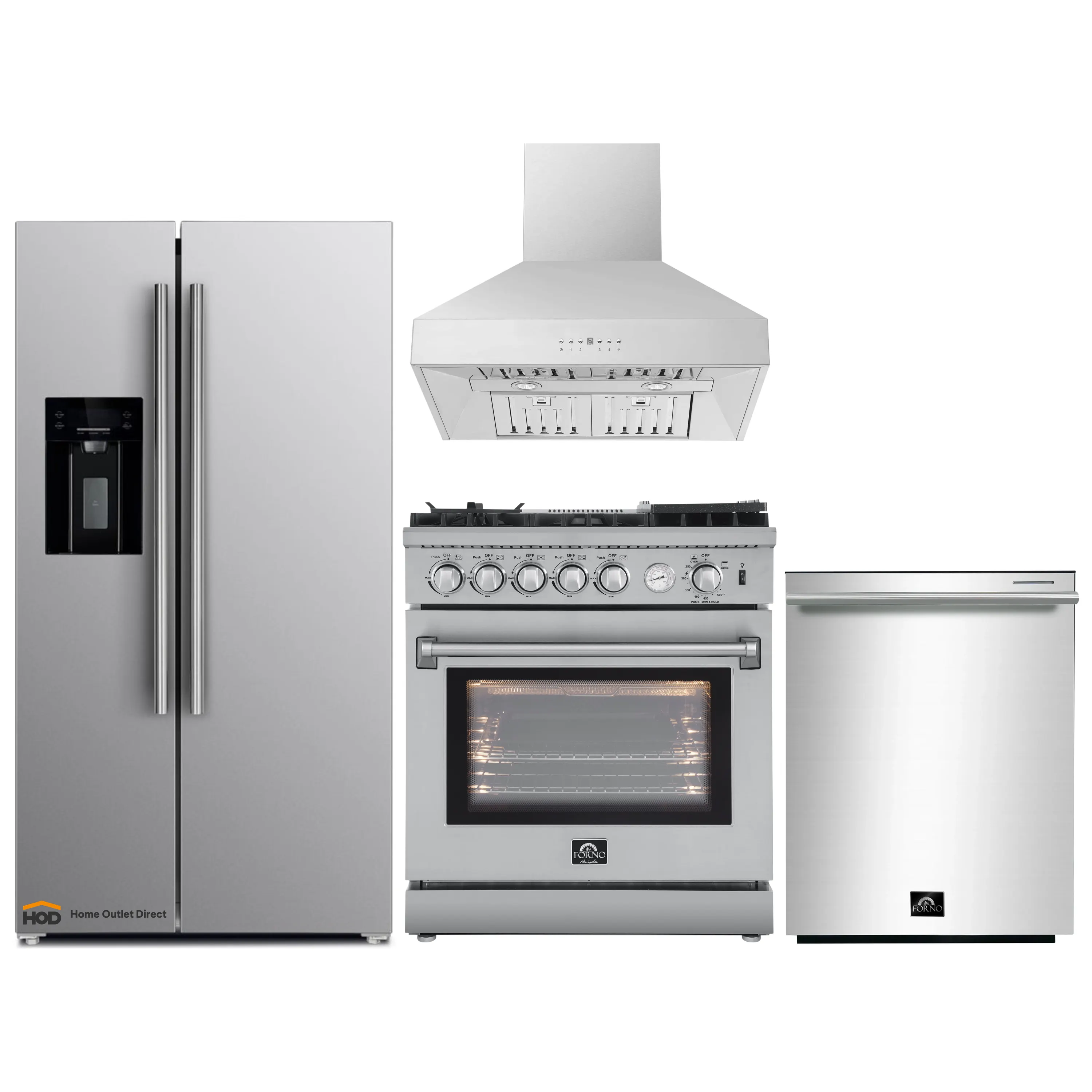 Forno 4-Piece Appliance Package - 30-Inch Gas Range with Air Fryer, Refrigerator with Water Dispenser, Wall Mount Hood, & 3-Rack Dishwasher in Stainless Steel
