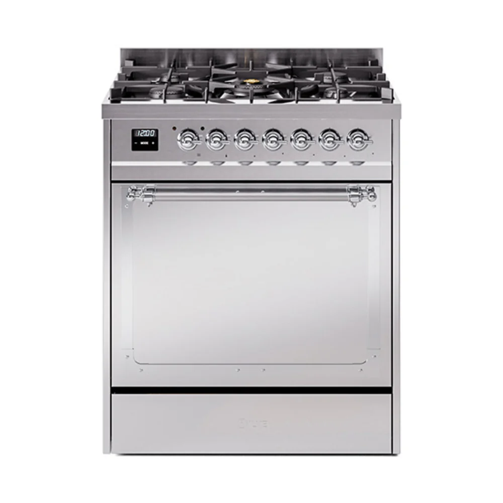 ILVE Nostalgie II Noblesse 30-Inch Dual Fuel Range with Solid Door in Stainless Steel with Chrome Trim (UN30QNMPSSC)