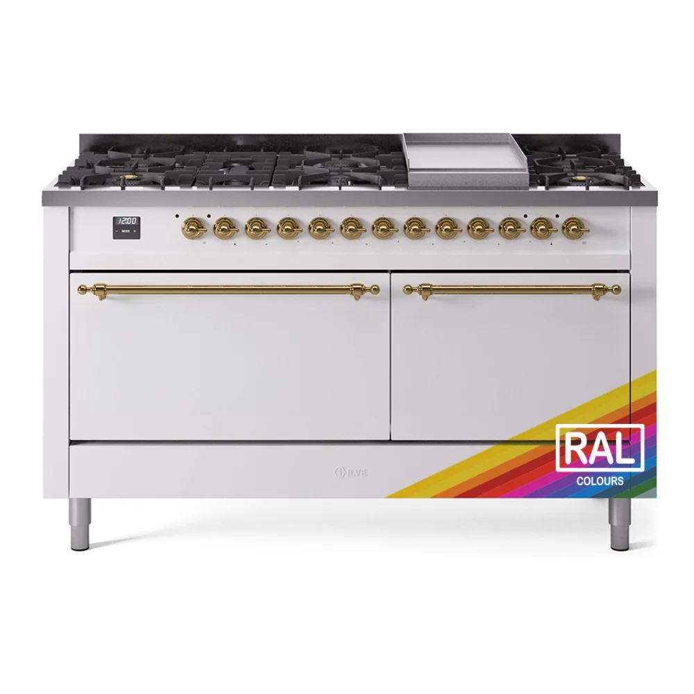 ILVE 60-Inch Nostalgie II Dual Fuel Range with 9 Burners, Griddle, and Solid Door Oven in Custom RAL in Brass Trim (UP60FQNMPRAG)