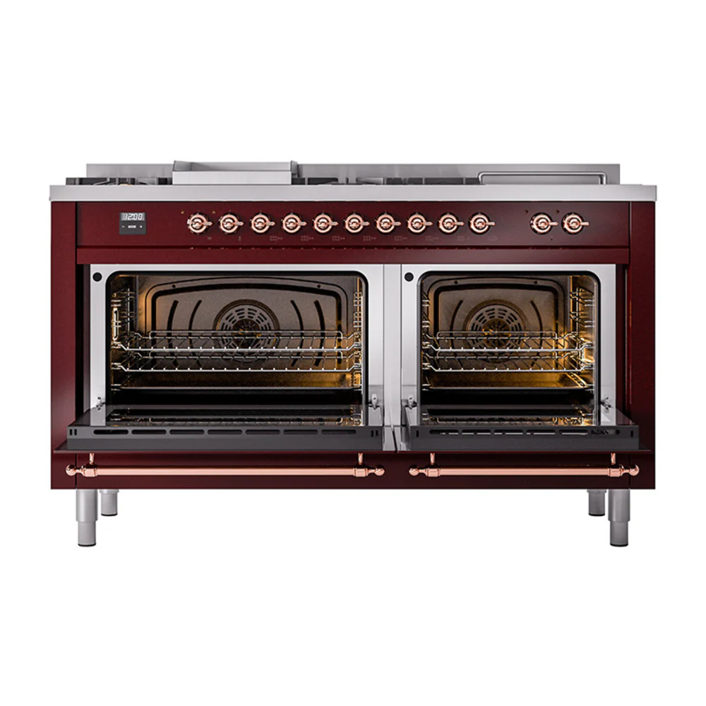ILVE 60-Inch Nostalgie II Noblesse Dual Fuel Range with 7 Sealed Burners, Gridlde, French Top, and Solid Door Oven in Burgundy with Copper Trim (UN60FSQNMPBUP)