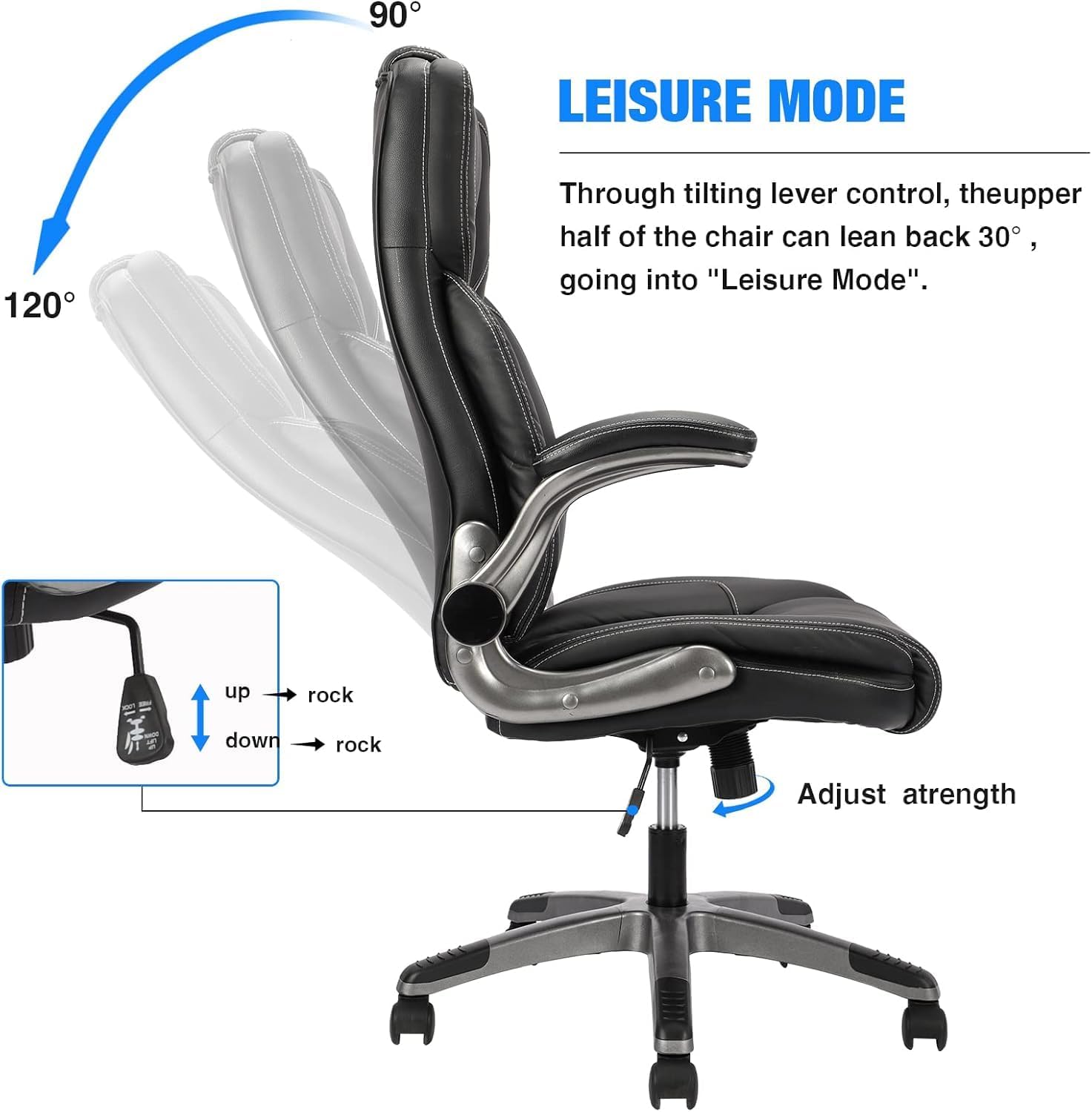 Executive PU Leather Office Chair with Wheels, High Back Ergonomic Lumbar Support Office Chairs, 90-120° Rocking Home Desk Chair with Flip up Arms, Back Support Swivel Chair(Black)