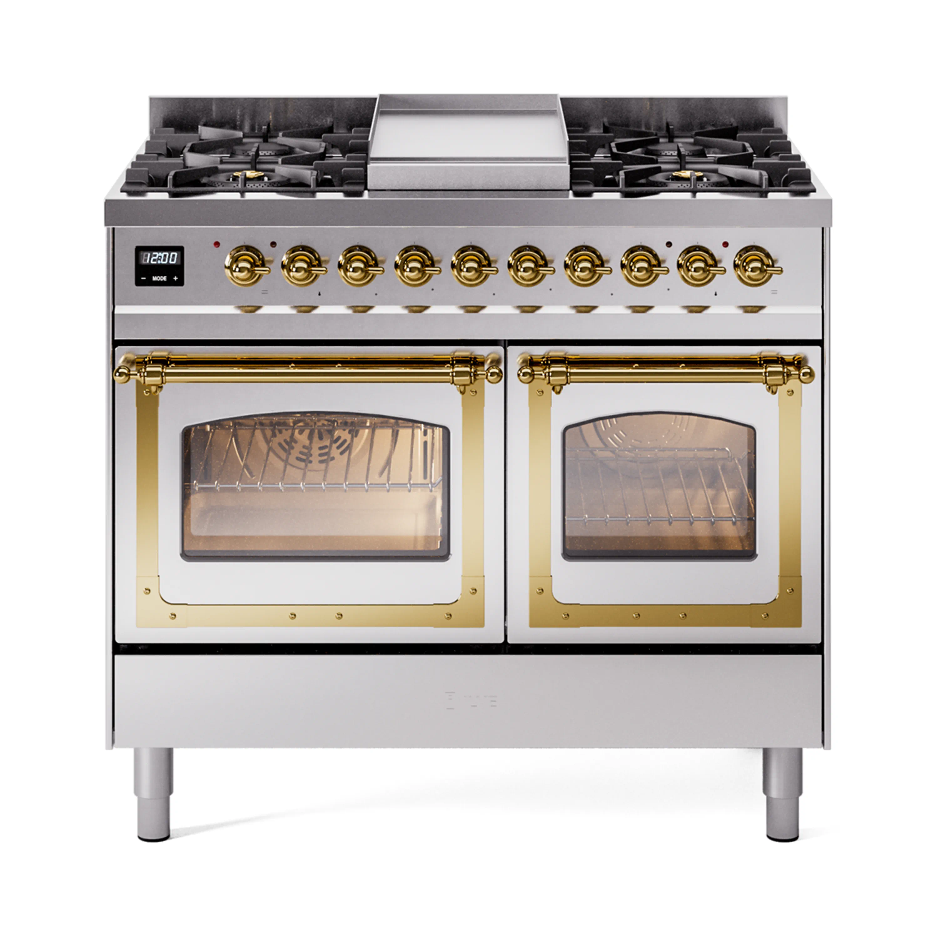 ILVE 40-Inch Nostalgie II Noblesse Dual Fuel Range with Triple Glass Door Oven in Stainless Steel with Brass Trim (UND40FNMPSSG)