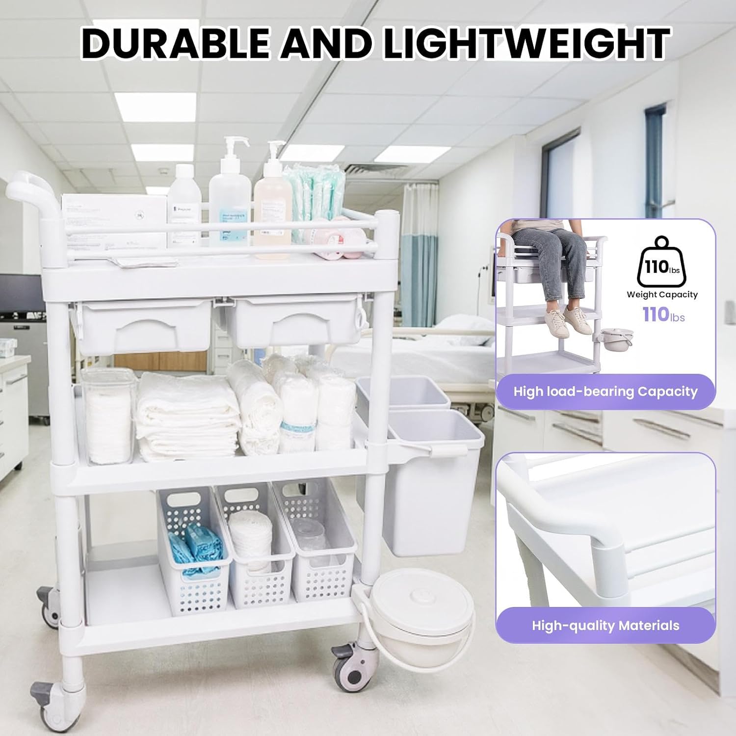 360° Rotate Silent Wheels Machine Trolley, 330lbs Mobile Utility Cart with Bucket and 2 Big Drawers, Esthetician 3 Tier Storage for Office, Home, Dental Hospital
