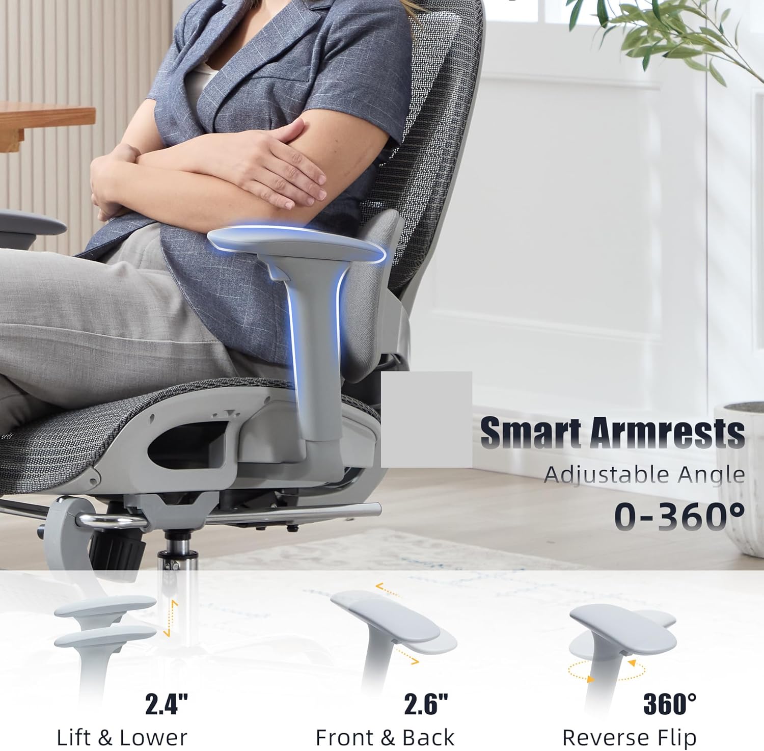 Ergonomic Office Chair - Mesh Executive Desk Chair with 3-Zone Dynamic Lumbar Support & 2D Adjustable Headrest - High Back Reclining Swivel Computer Gaming Chair with 4D Adjustable Armrests & Footrest