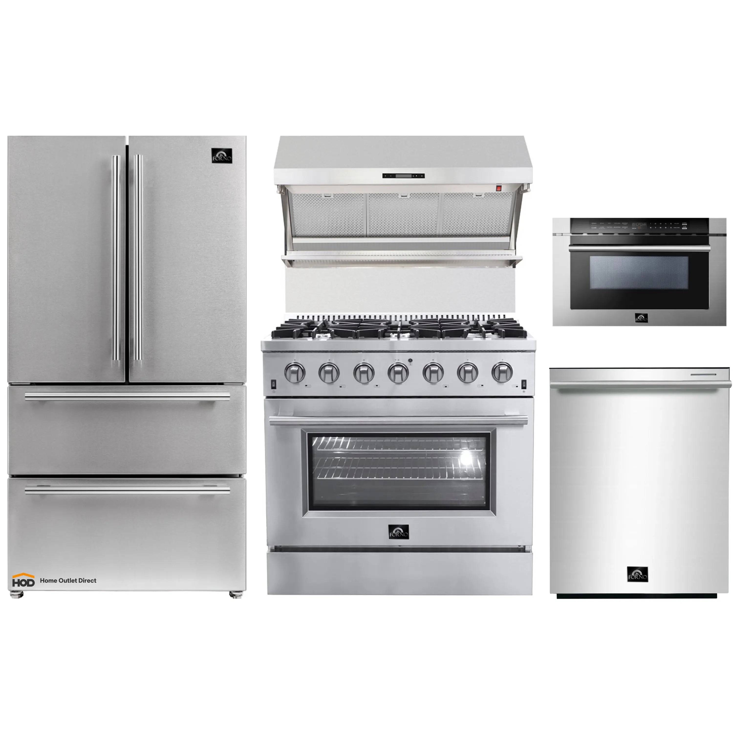 Forno 5-Piece Appliance Package - 36-Inch Gas Range, Refrigerator, Wall Mount Hood with Backsplash, 24-Inch Microwave Drawer, & 3-Rack Dishwasher in Stainless Steel