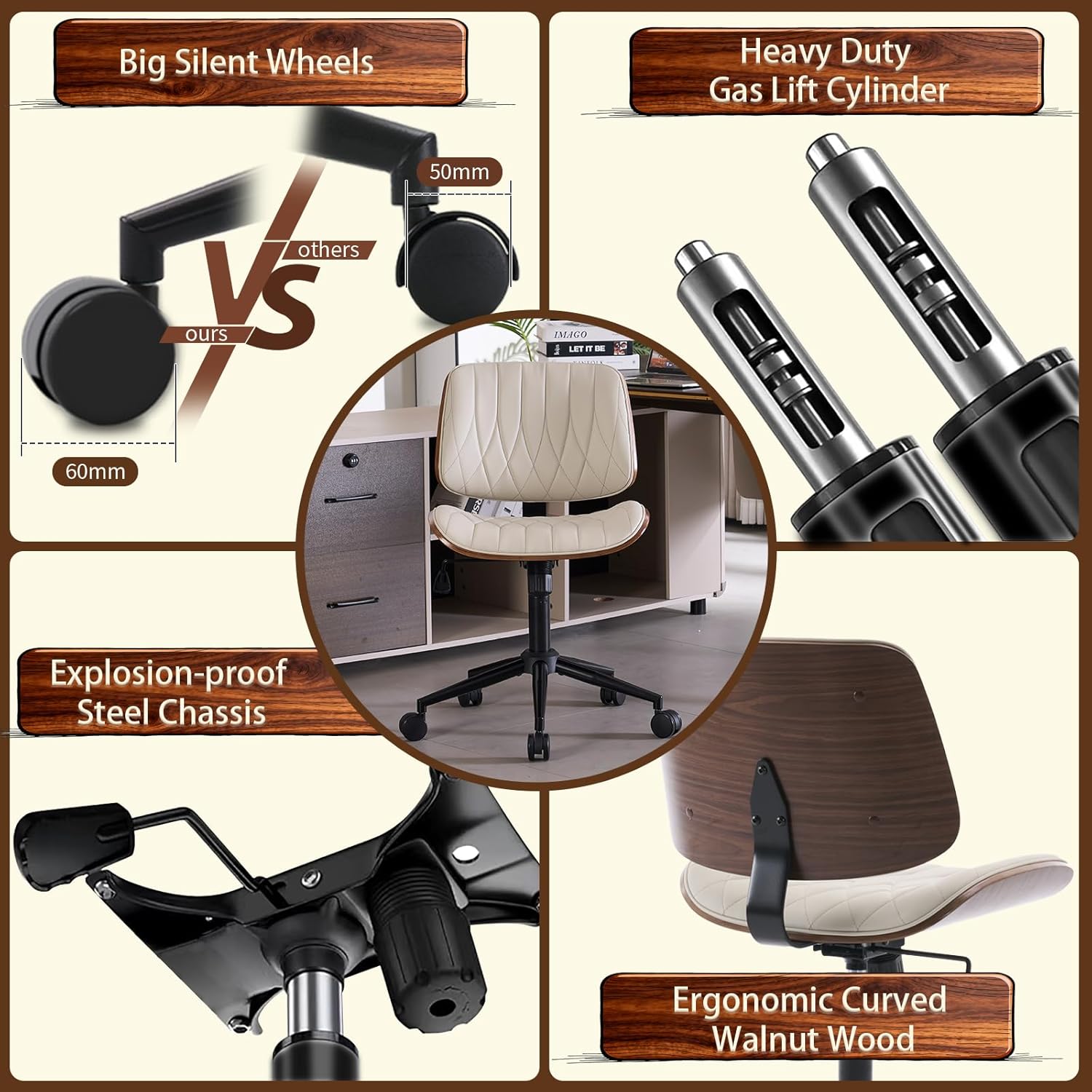 Armless Desk Chair, Mid-Century Modern Office Chair no Arms, Vanity Chair, PU Leather Computer Task Chairs for Home Small Space, Quilted Upholstery Bentwood Frame, Swivel with Wheels, Cream