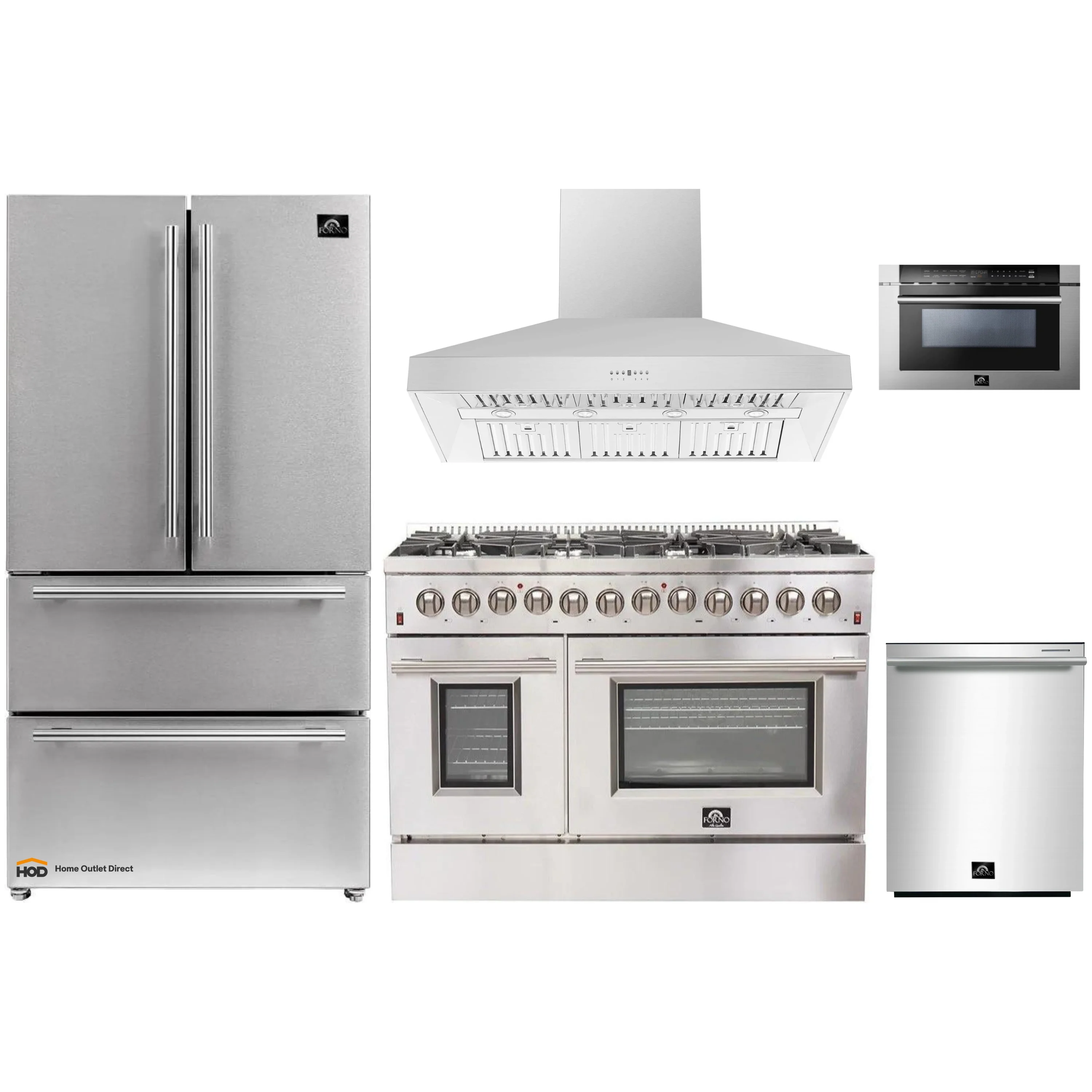 Forno 5-Piece Appliance Package - 48-Inch Dual Fuel Range, Refrigerator, Wall Mount Hood, 24-Inch Microwave Drawer, & 3-Rack Dishwasher in Stainless Steel
