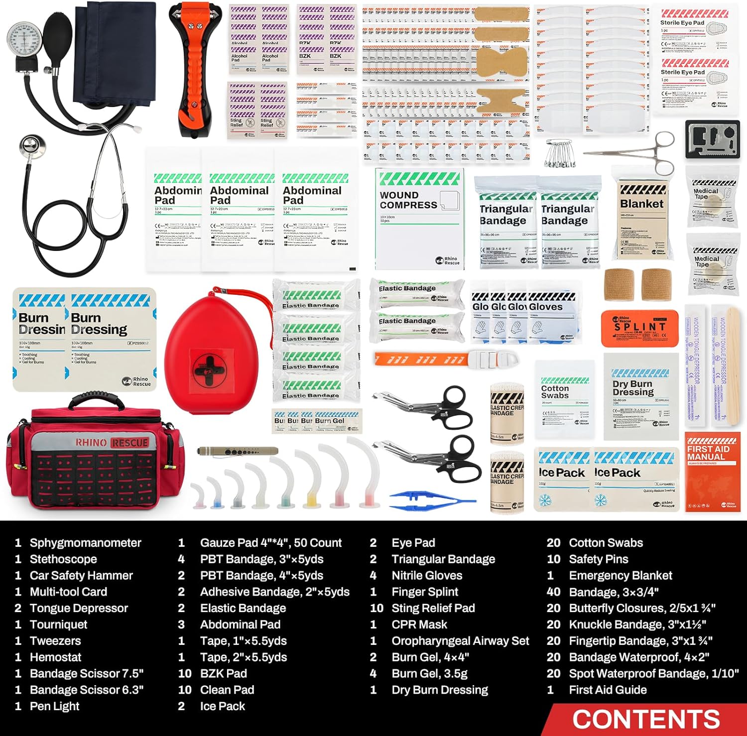 RHINO RESCUE First Responder First Aid Kit Fully-Stocked EMT Bag, Professional EMT/EMS Trauma Medical Kit, Molle System & Reflective Stripe, 300+ First Aid Supplies, Suits for Business, Home (Red)