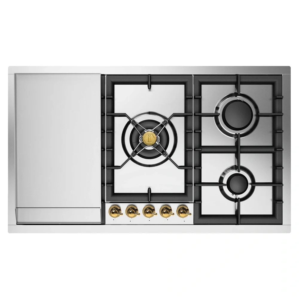 ILVE Nostalgie II 36-Inch Built-In Gas Cooktop with Total Black Brass Burners in Stainless Steel with 5 Sealed Burners + Griddle (UHCPT95FNSSG)