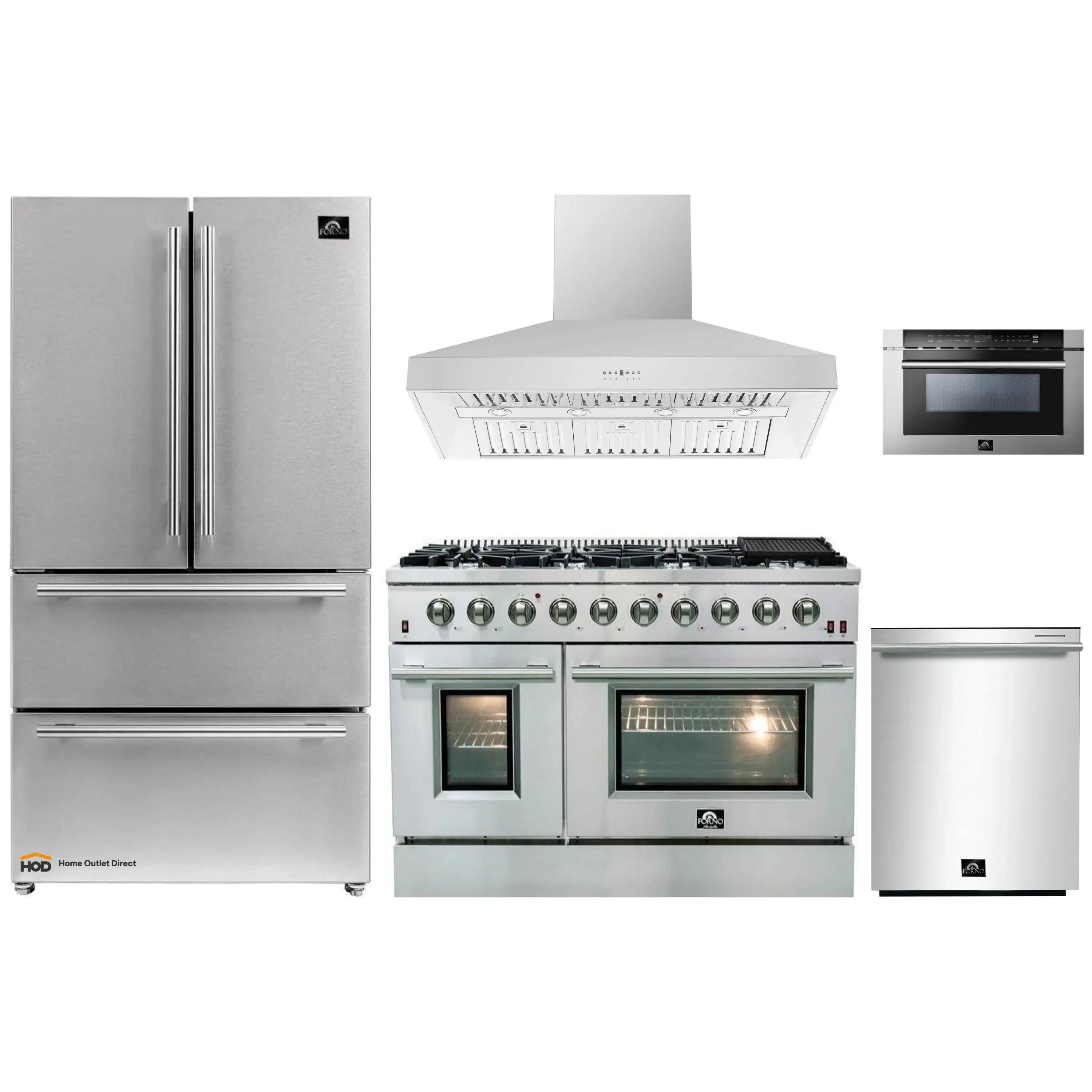 Forno 5-Piece Appliance Package - 48-Inch Gas Range, Refrigerator, Wall Mount Hood, 24-Inch Microwave Drawer, & 3-Rack Dishwasher in Stainless Steel