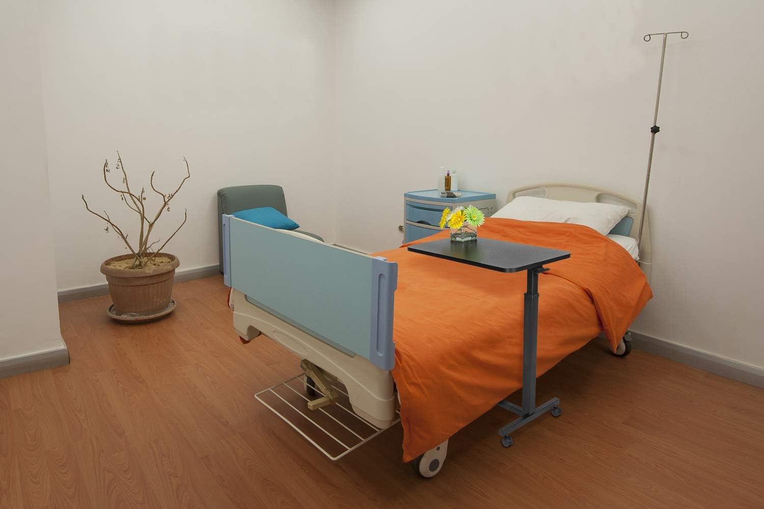 Mount-It! Overbed Table with Wheels | Flat Rolling Bed Side Tray Table for Medical or in-Home Use | Height Adjustable Hospital Table with Locking Casters