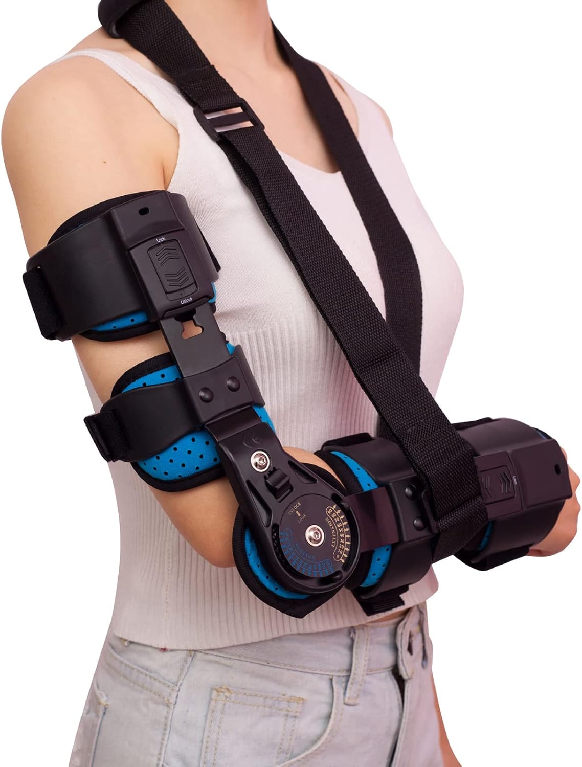 Hinged Elbow Brace, Adjustable Telescoping Post Op Arm Splint, with Sling Stabilizer Arm Orthosis, for Dislocatedand, Arm Injury Recovery, Support After Surgery,Left
