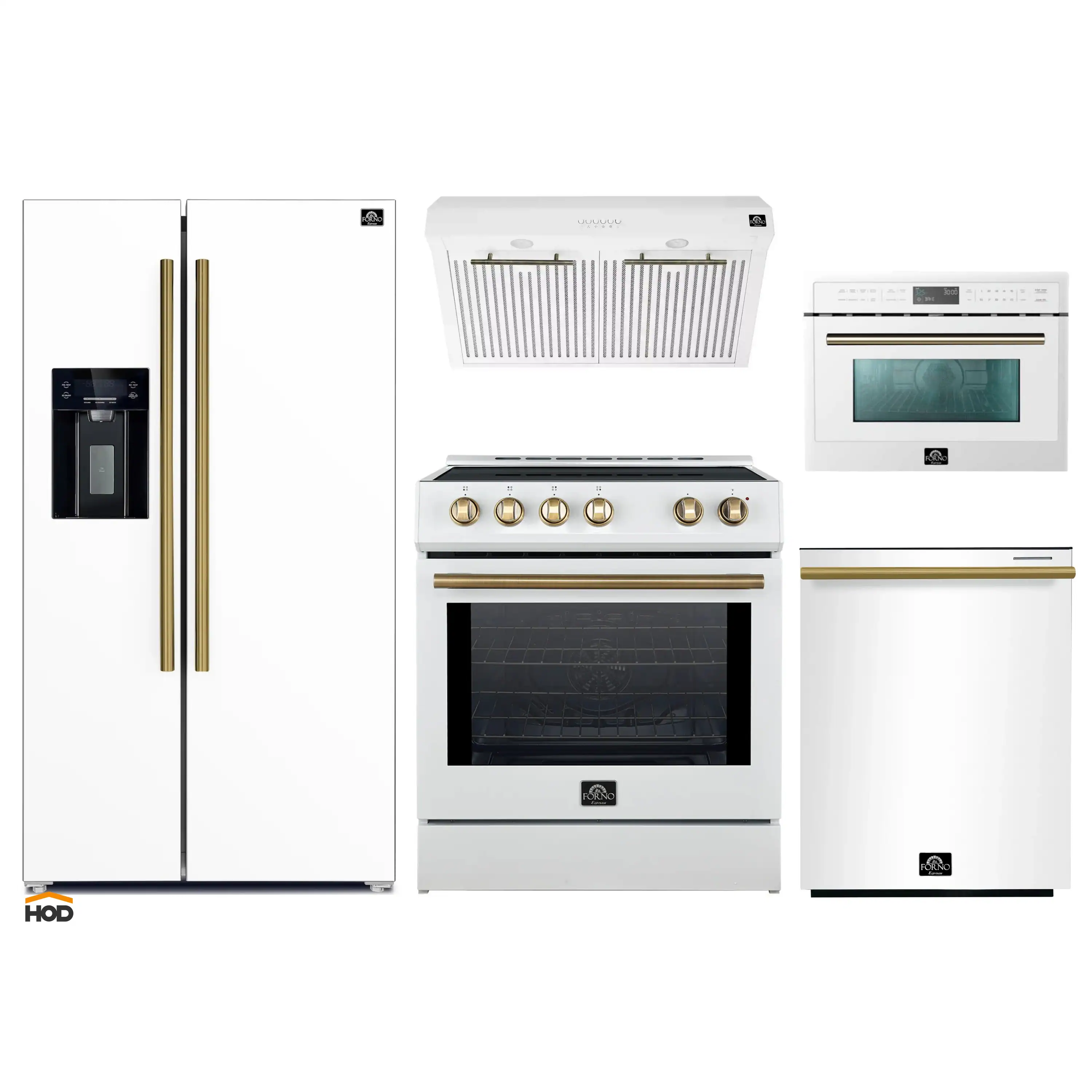 Forno 5-Piece Appliance Package - 30-Inch Inducton Range, Under Cabinet Range Hood, Refrigerator with Water Dispenser, Dishwasher, and  24-Inch Microwave Oven in White with Antique Brass Trim