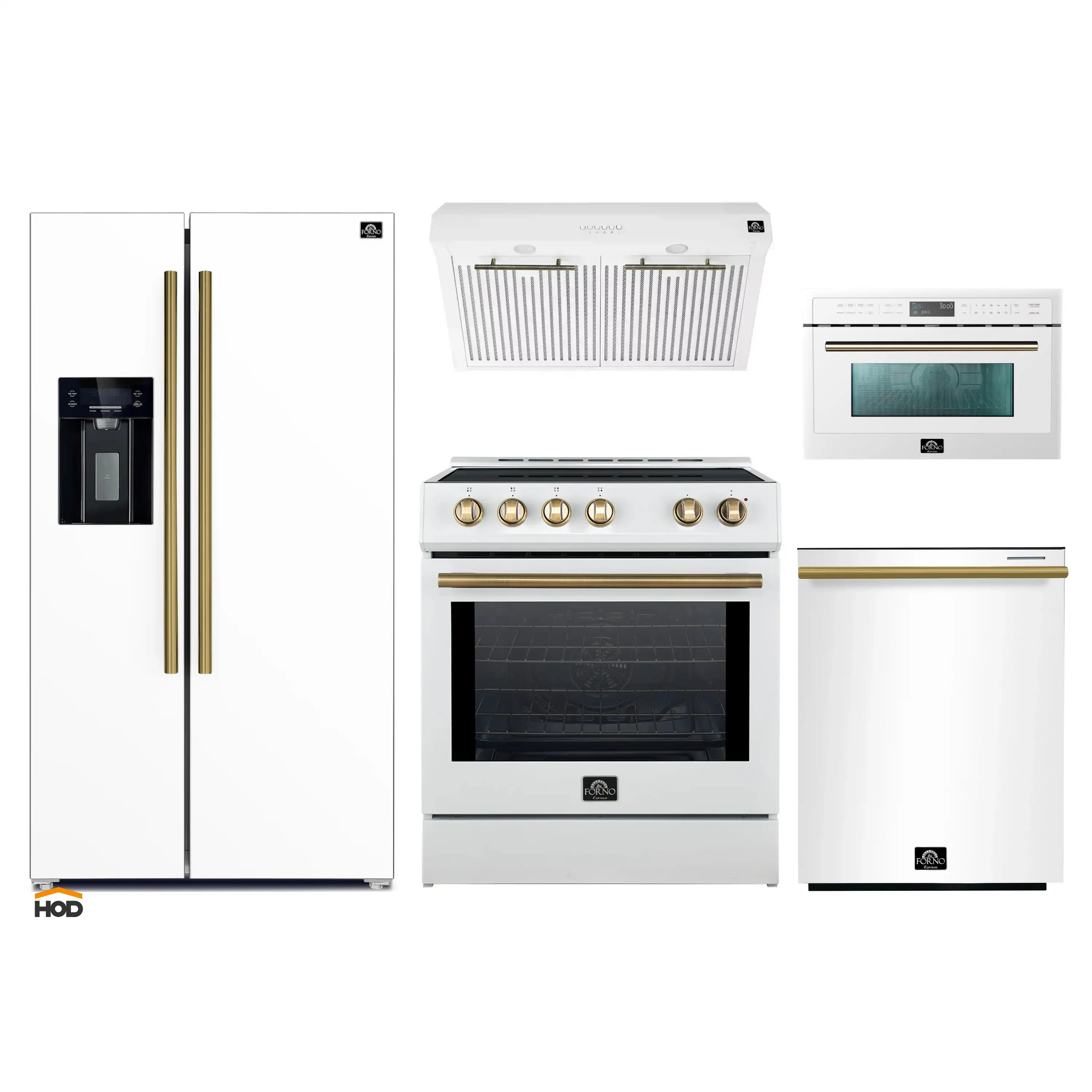 Forno 5-Piece Appliance Package - 30-Inch Induction Range, Under Cabinet Range Hood, Refrigerator with Water Dispenser, Dishwasher, and 30-Inch Microwave Oven in White with Antique Brass Trim