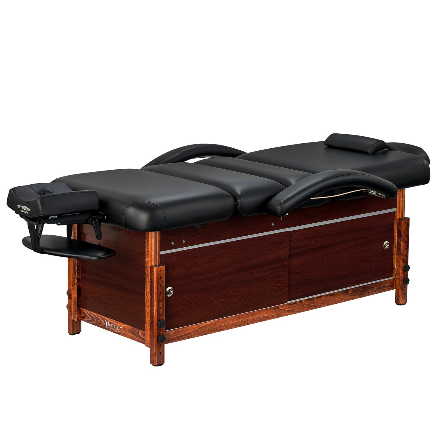 Master Massage Cabrillo Stationary Massage Table - Facial Beauty Lash Bed - 4 Section Salon Spa Bed with Storage Cabinet - Pneumatic Tilting Backrest and Leg Rest, Black with Walnut Legs, 30 Inch