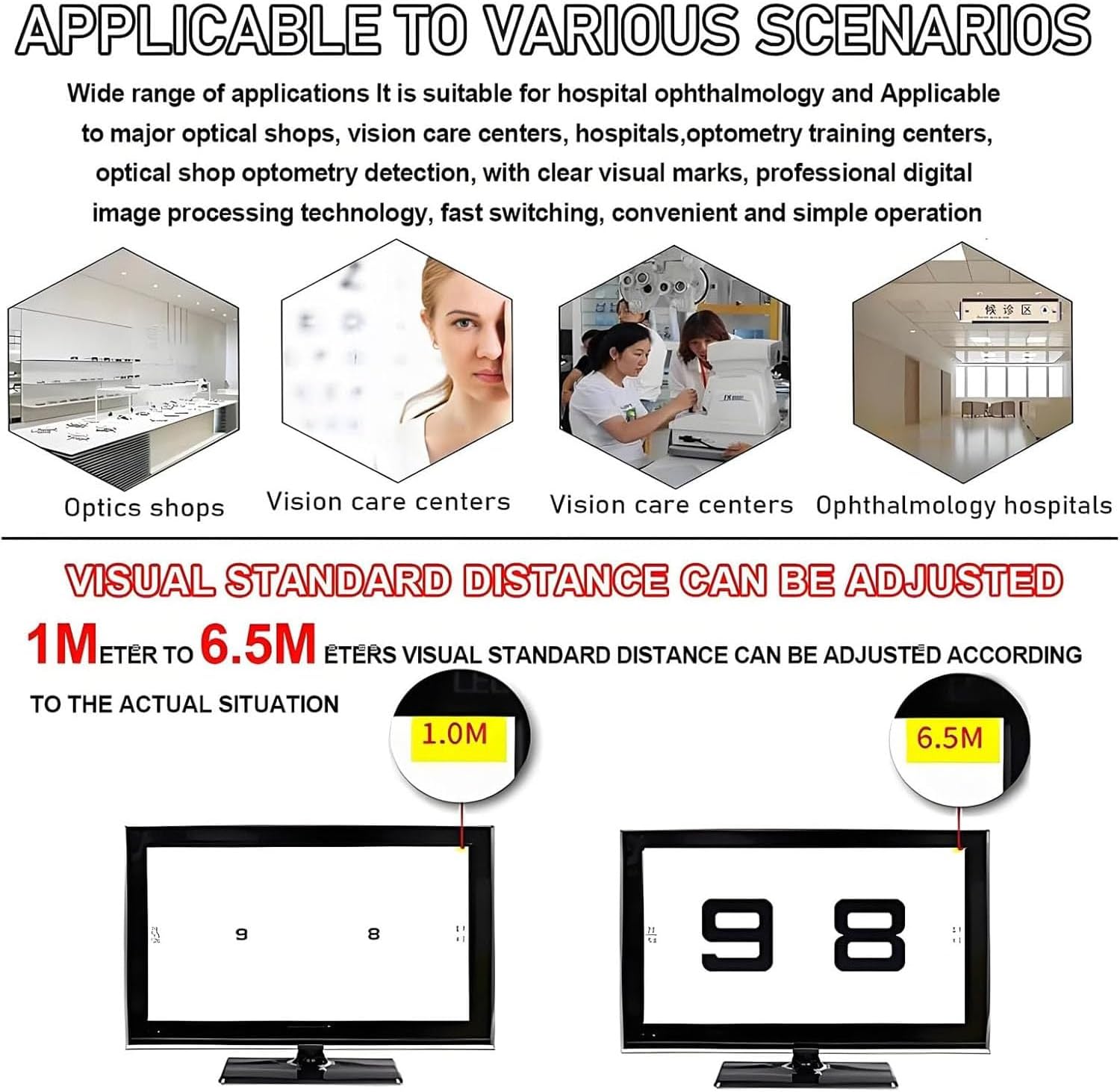 Electronic Vision Tester, LCD Digital Eye Chart with Remote Control and 300+ Visual Targets, 1-6.2m Adjustable Distance, Can Be Placed/Wall-Mounted for Home, Clinic Use