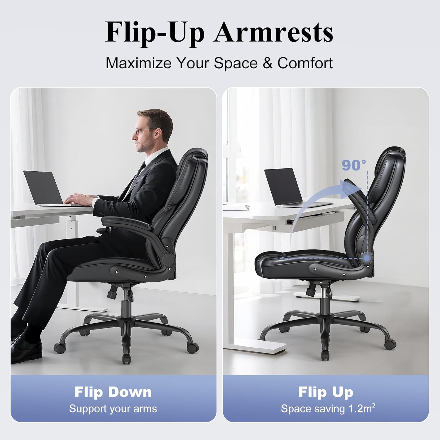 ZZH Ergonomic Executive Office Chair, Mid Back PU Leather Computer Desk Chair with Flip-Up Armrests, Lumbar Support, Adjustable Height and Rocking Function, 1PC, Black