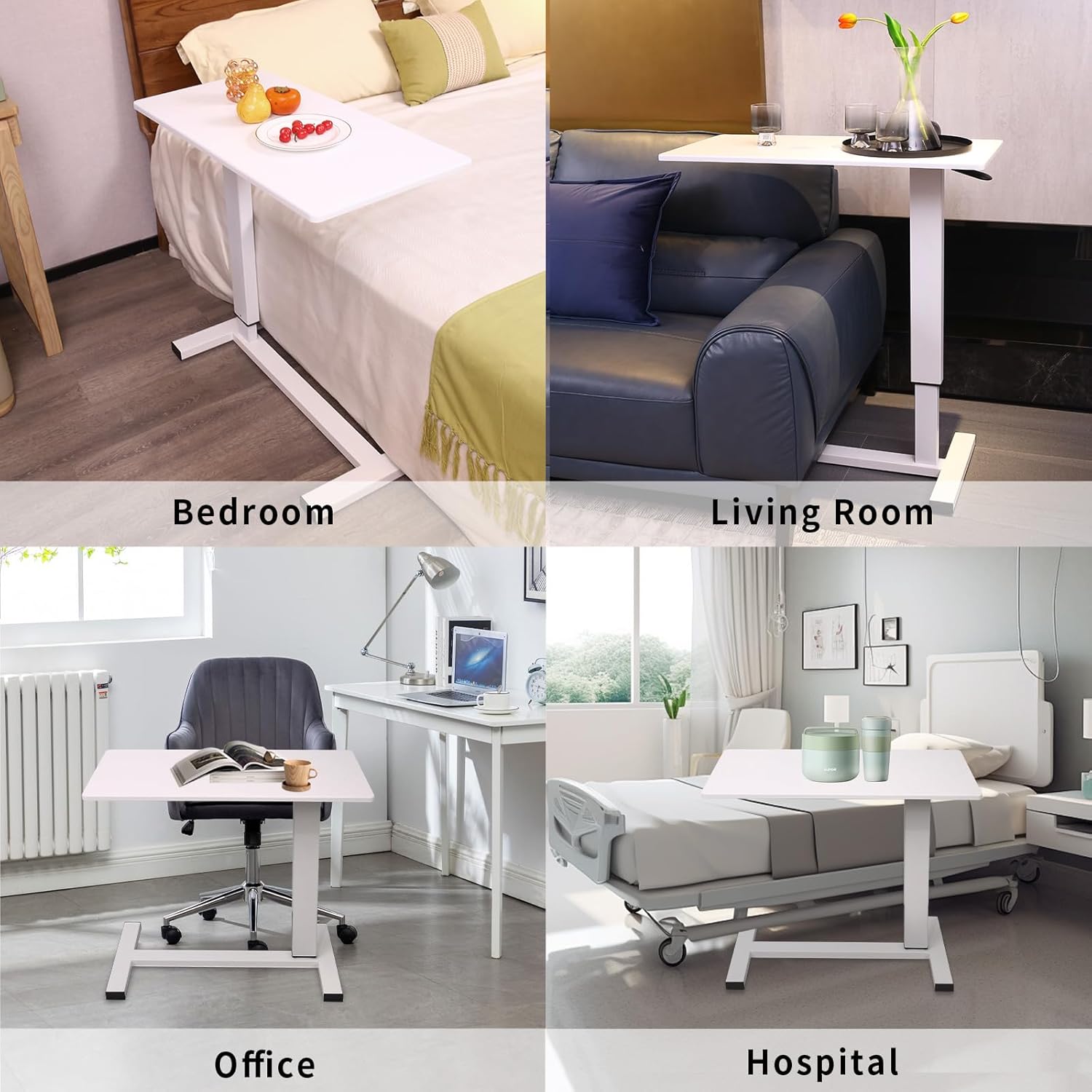 Adjustable Overbed Bedside Table with Swivel Hidden Wheels, Pneumatic Sliding Desk Mobile Desk Workstation for Home and Hospital, Height-Enhanced Version (White)