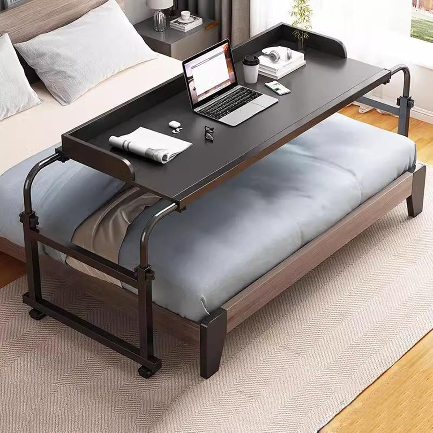 Overbed Overbed Table with Wheels,Rolling Computer Stand with Adjustable Height Rolling Bed Desk Bar Table for Home Office Hospital Overbed Table Mobile Multi-Functional Table Standing Works