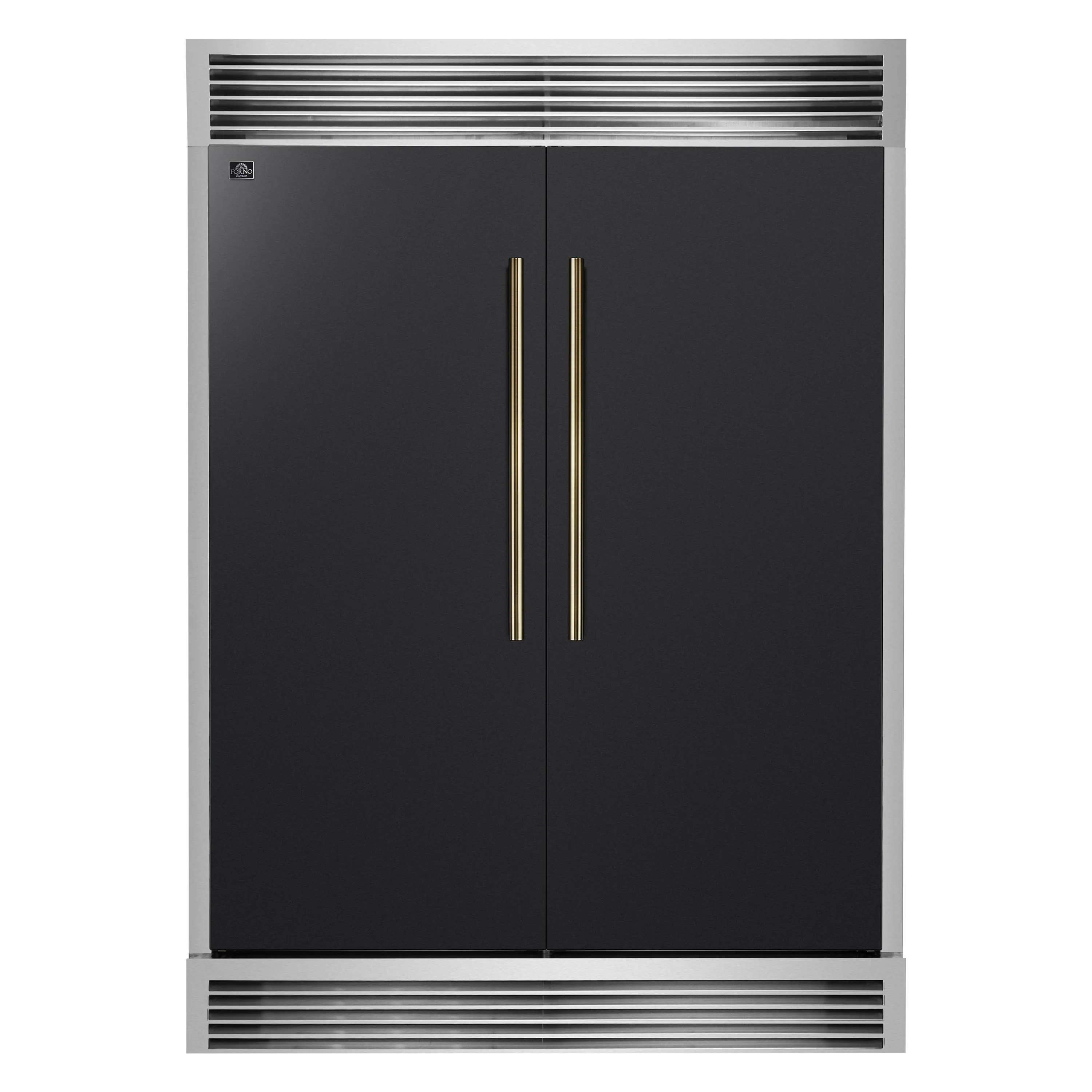 Forno Maderno 60-Inch 27.2 Cu. Ft. Built-In Convertible Refrigerator and Freezer in Black with Modern Grille Trim and Antique Brass Handles (FFFFD1722-60SG-BLK)