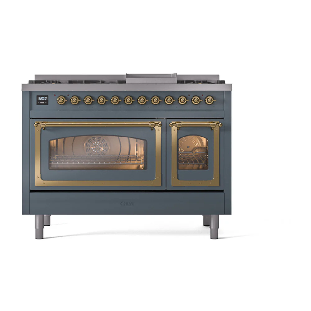 ILVE Nostalgie II Noblesse 48-Inch Dual Fuel Freestanding Range in Blue Grey with Brass Trim (UN48FNMPBGG)