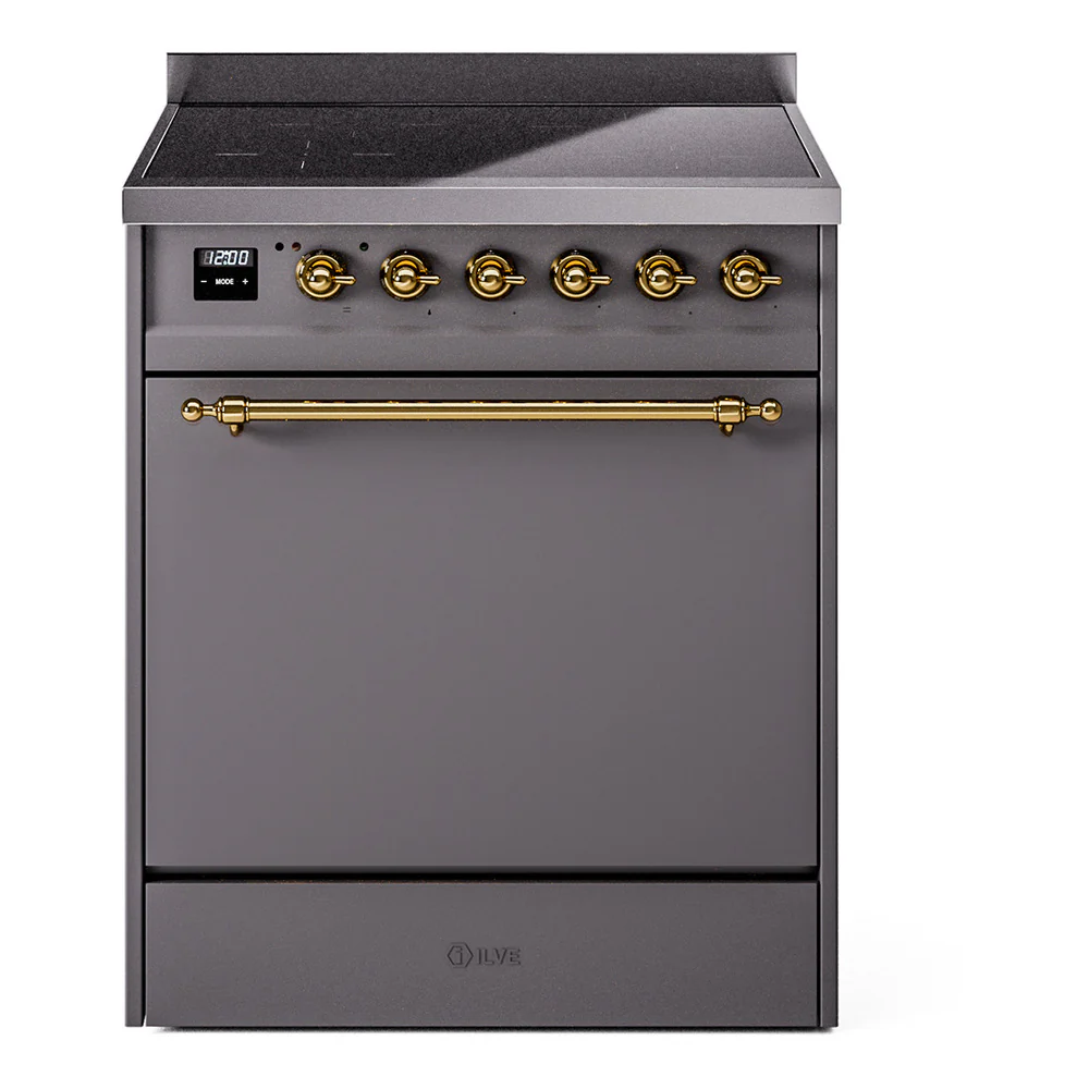 ILVE 30-Inch Nostalgie II Induction Range with Solid Door Oven in Matte Graphite with Brass Trim (UPI304QNMPMGG)