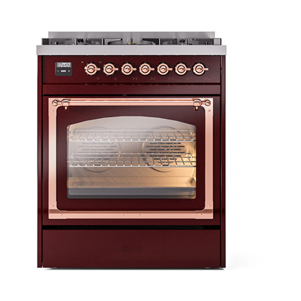 ILVE Nostalgie II Noblesse 30-Inch Dual Fuel Range with Triple Glass Door in Burgundy with Copper Trim (UN30NMPBUP)
