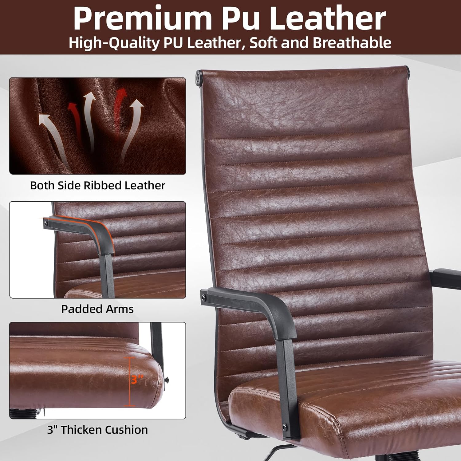 Office Chair, Ergonomic Executive Conference Room Chairs, Ribbed Leather Desk Chair with Lumbar Support, Adjustable Height Mid-Back Swivel Chair with Padded Seat and Square Tube Armrests