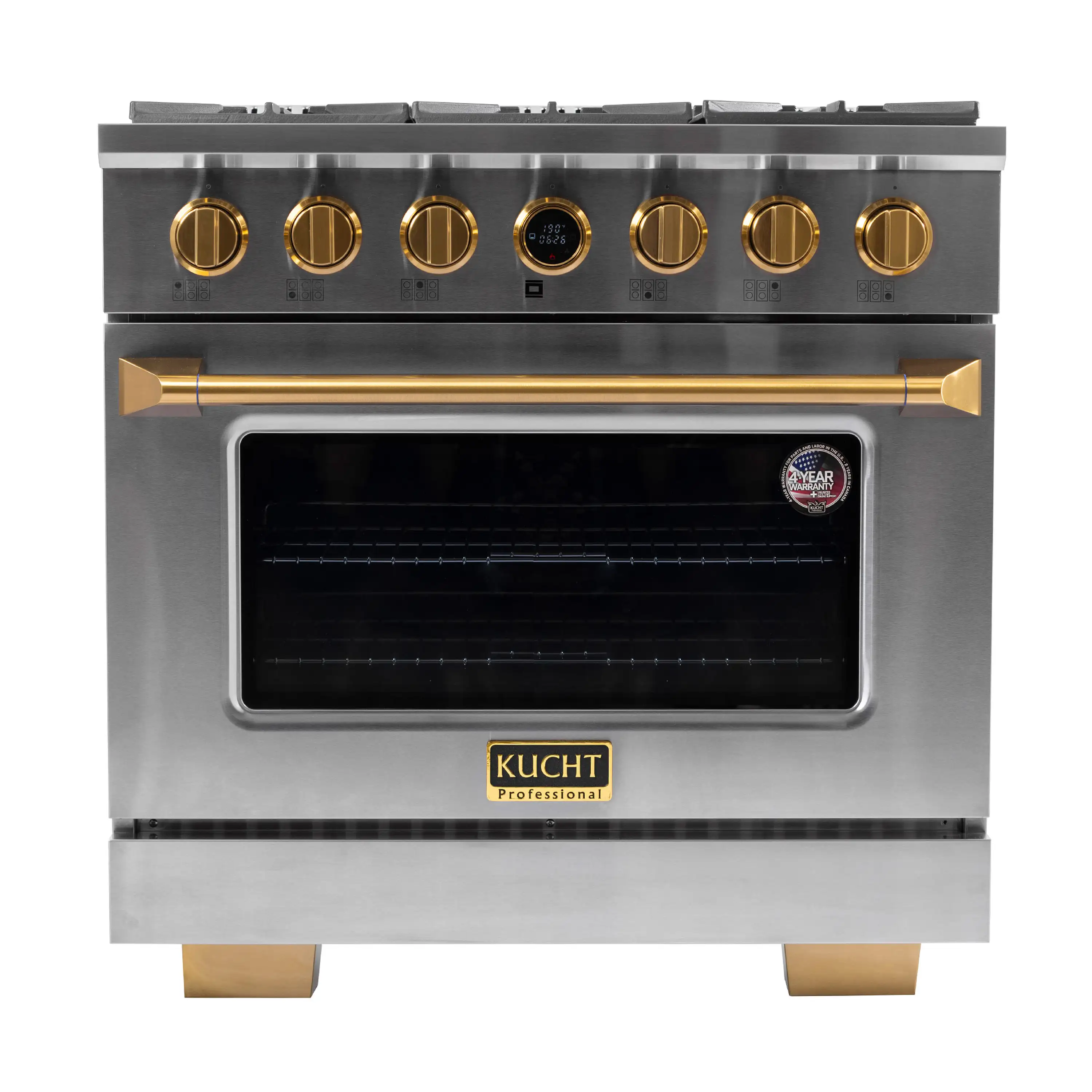 Kucht Horus 36-Inch Dual Fuel Range with 5.2 cu. ft. Electric Oven and 6 Gas Burners in Stainless Steel with Gold Accents and Digital Thermostat (KXP36-GL)