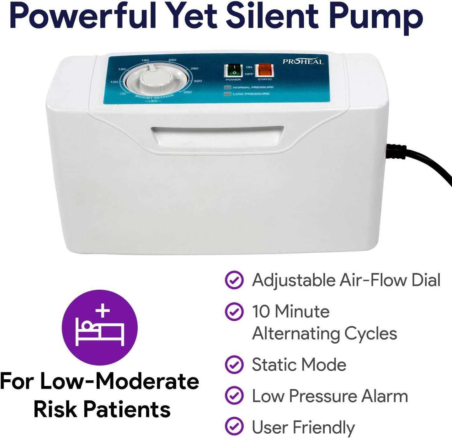 ProHeal Low Air Loss Alternating Pressure Mattress - 36” x 80” x 8” - Cell On Cell Base - Raised Rails - Pressure Mattress for Bed Sores with Silent Air Pump - Stages I-III