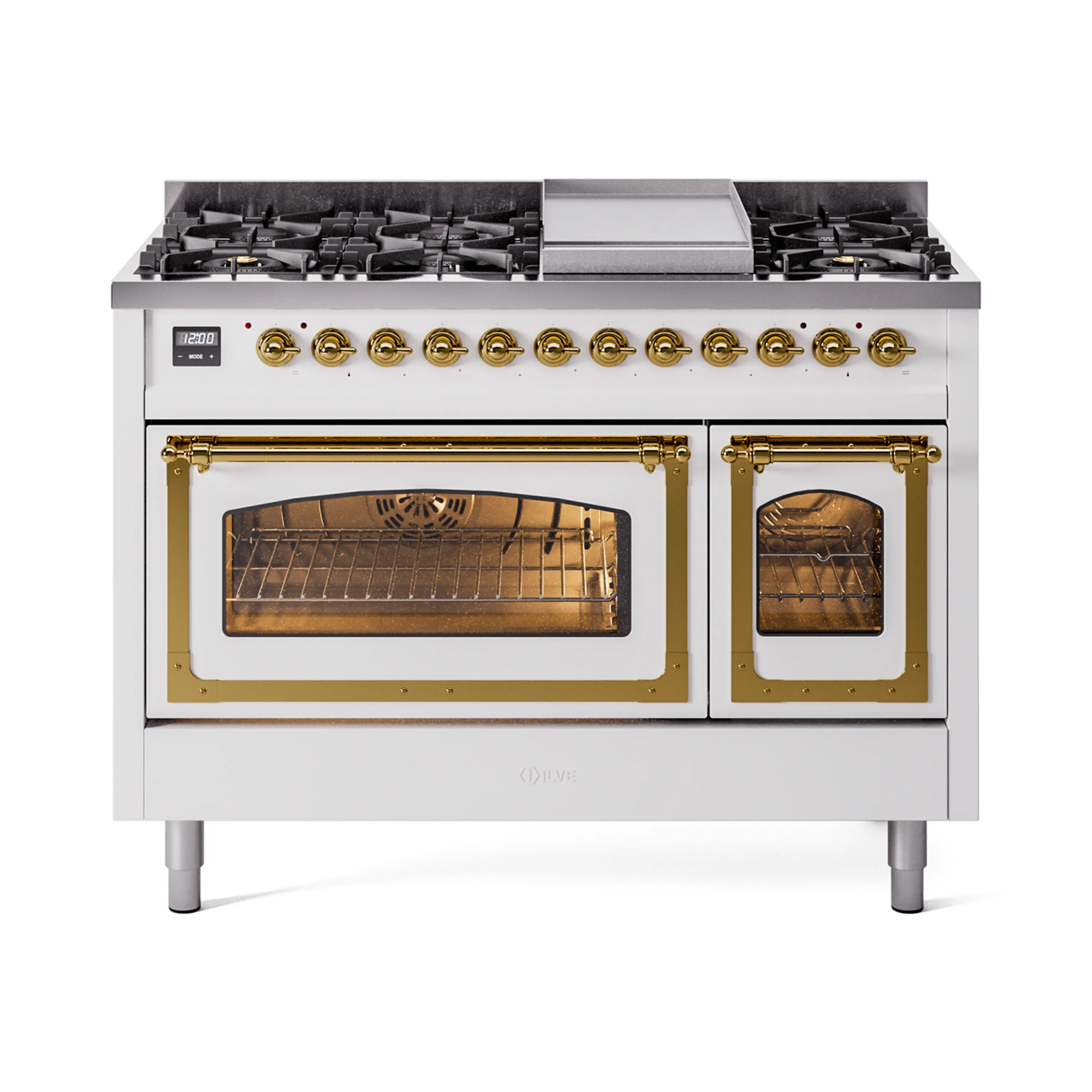 ILVE Nostalgie II Noblesse 48-Inch Dual Fuel Freestanding Range in White with Brass Trim (UN48FNMPWHG)