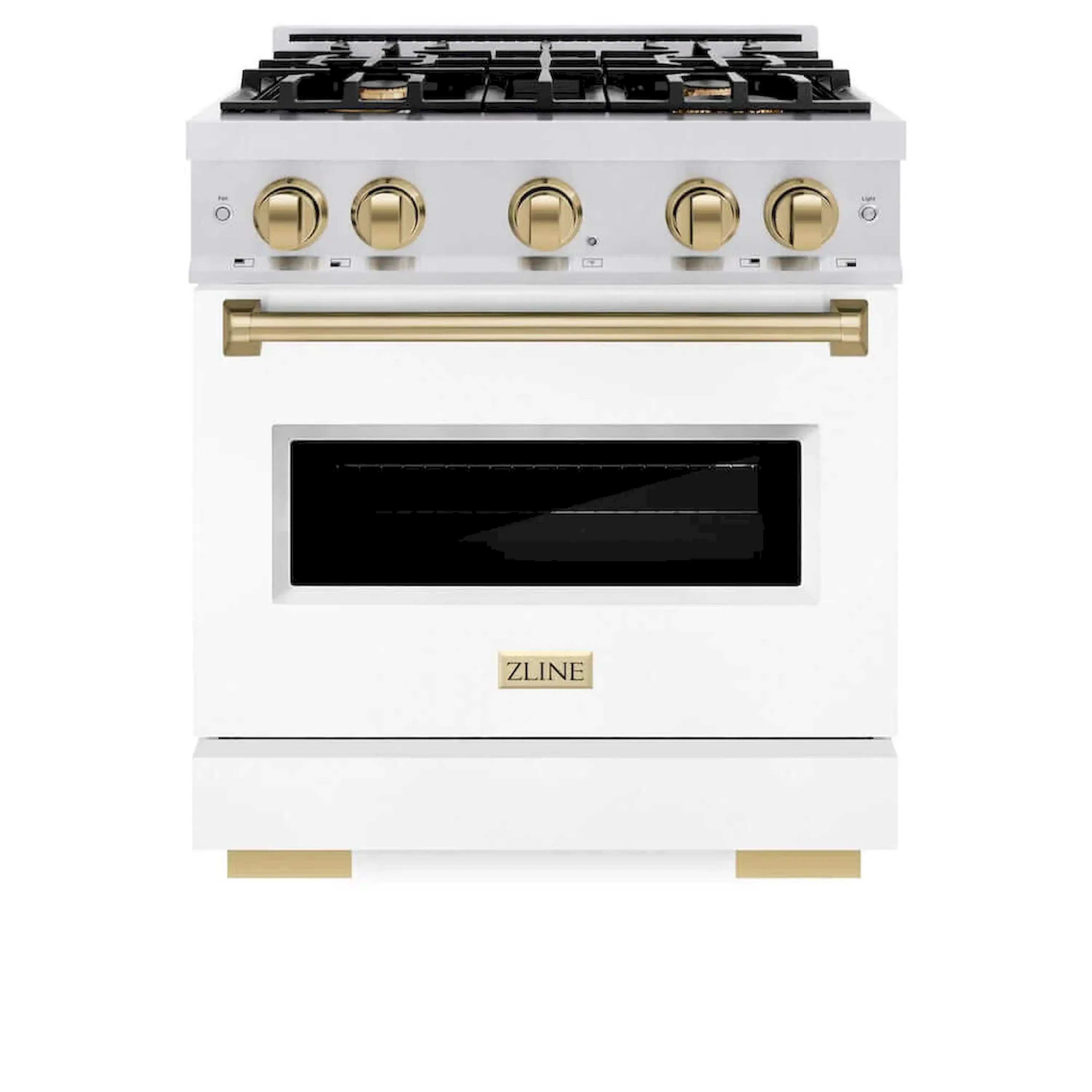 ZLINE Autograph Edition 30-Inch Classic Series Gas Range with 4 Gas Burner Cooktop and 4.2 Cu. Ft. Gas Convection Oven  in Satin Stainless Steel with White Matte Door and Champagne Bronze Accents (CGRSZ-WM-30-CB)